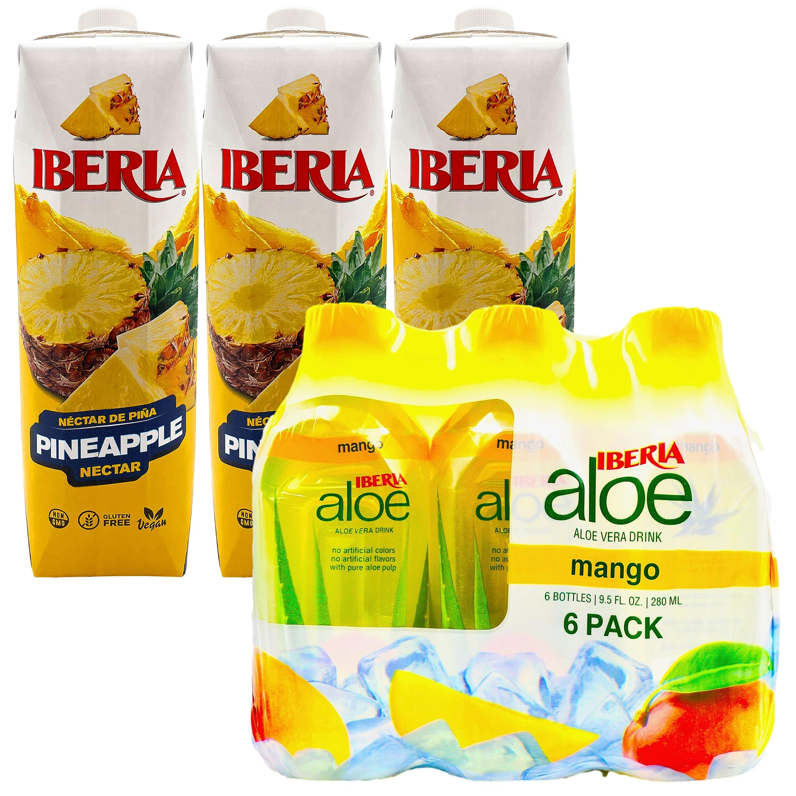 Iberia Pineapple Nectar, 33.8 Fl Oz, (Pack of 3) + Iberia Aloe Vera Drink with Pulp 9.5 fl oz, Mango (Pack of 6)