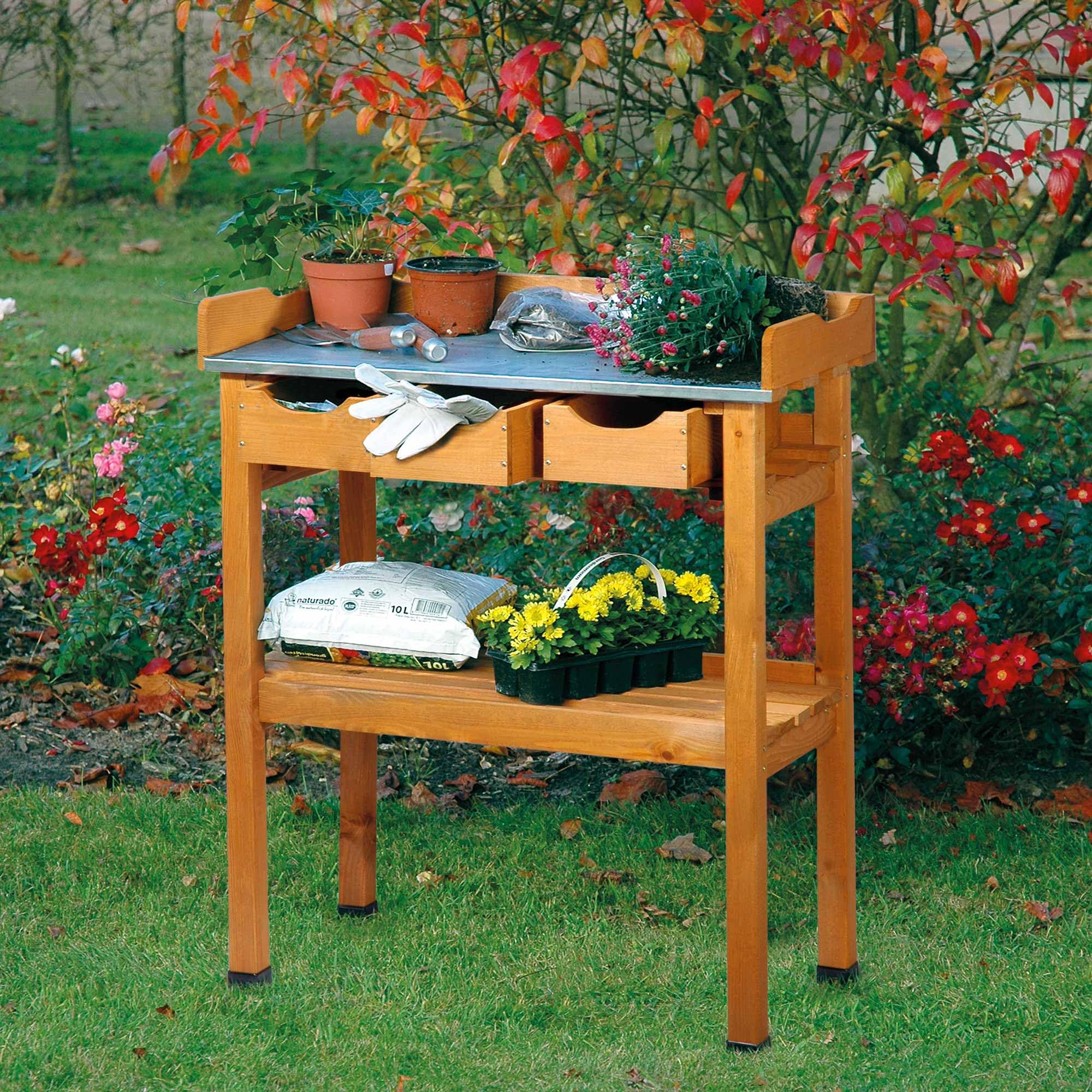 Dobar 29030e table de jardinage pratique avec 3 tiroirs et 2 tablettes de rangement en pin imprégné, 80 x 40 x 90 cm