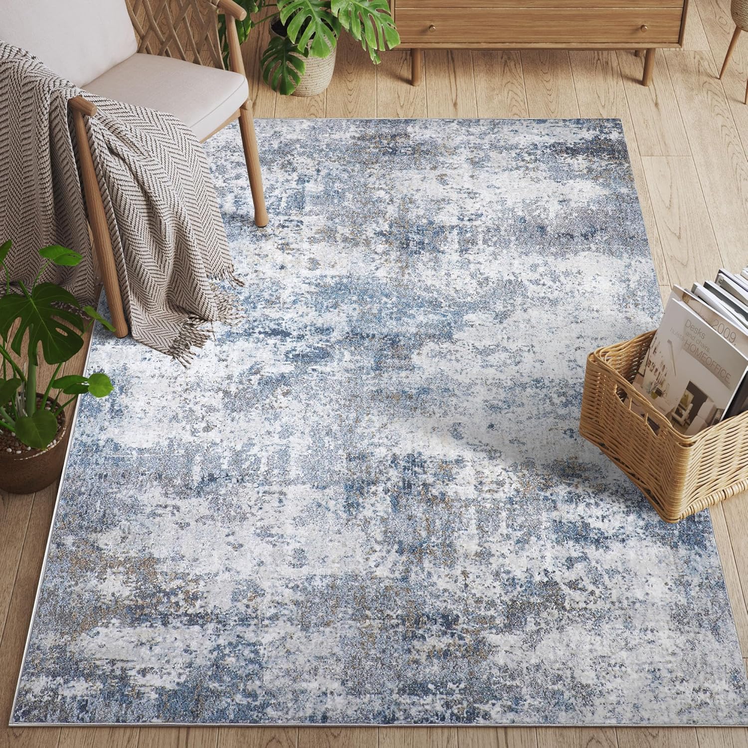 HUGEAR Bedroom Rug,5x7 Wool Throw Area Rugs,Oriental Printed Low Pile Abstract