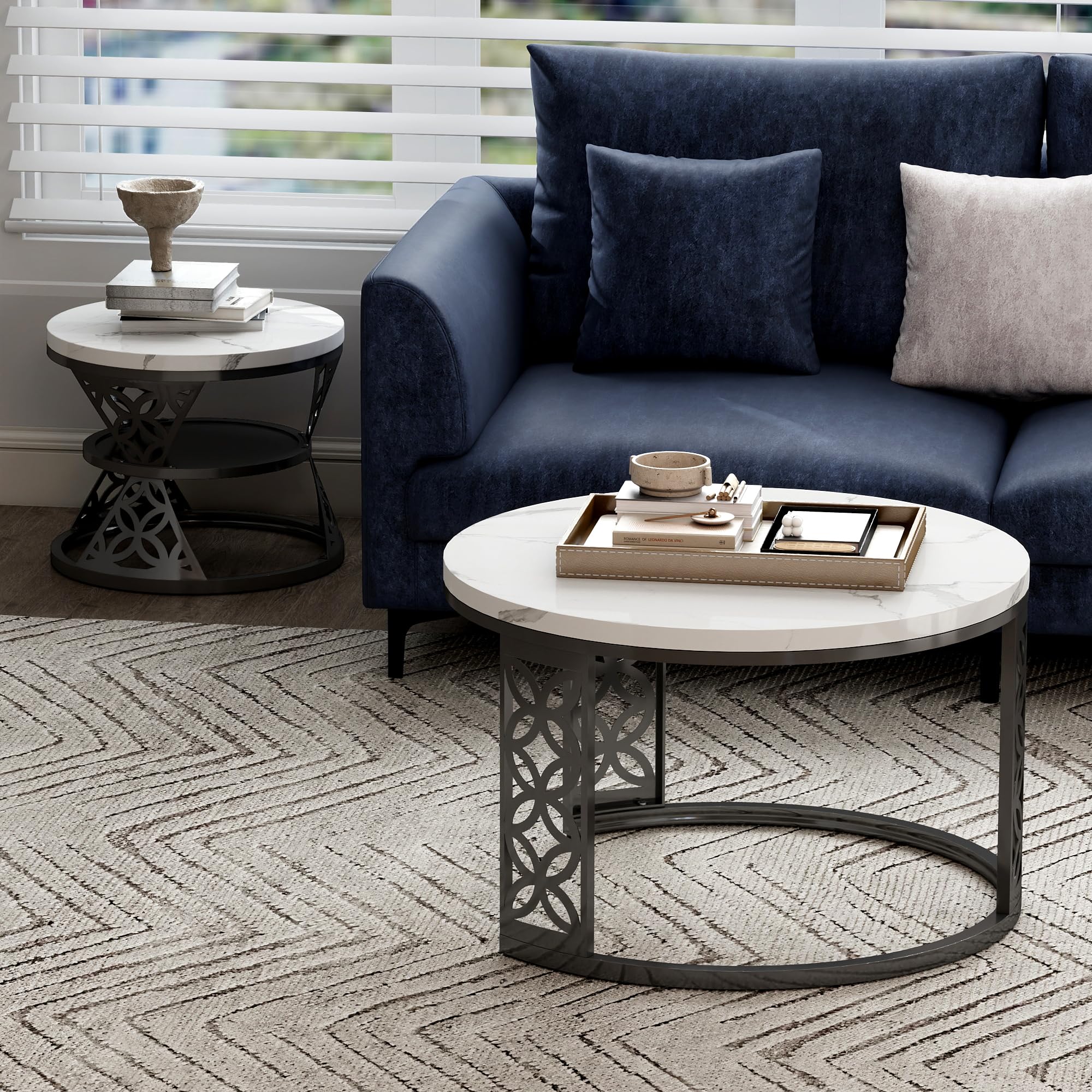 okwish - Mesa de centro redonda con espacio de almacenamiento, mesas nido modernas para salón, balcón, oficina, tablero de MDF blanco y estructura de metal negro, 70 x 45 cm