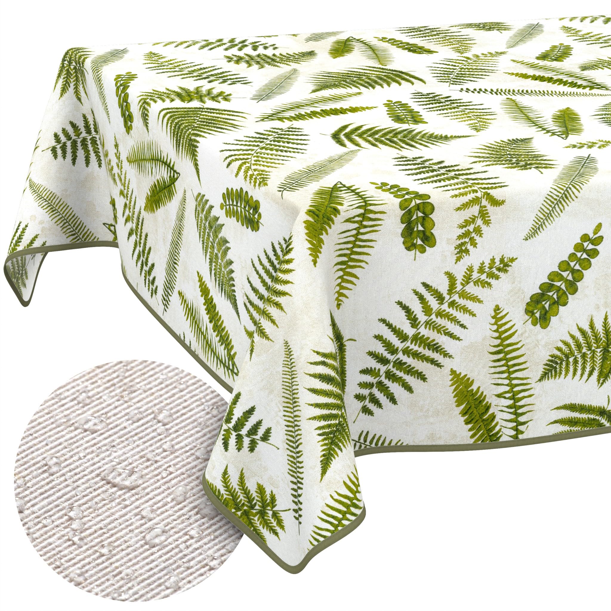 ANRO Washable Tablecloth Fern Rectangular 220 x 140 cm - Water-Repellent Indoor Outdoor Lotus Effect with Hem