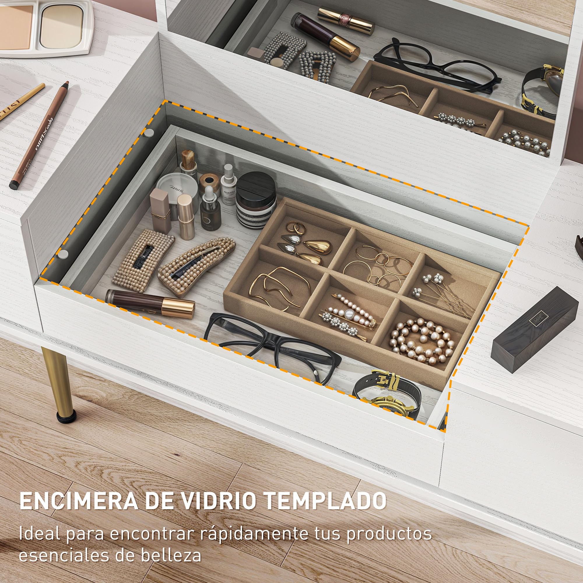 HOMCOM Tocador de Maquillaje con Espejo Tocador con Encimera de Vidrio Templado Visible 3 Cajones Mesa de Maquillaje Moderna para Dormitorio Blanco