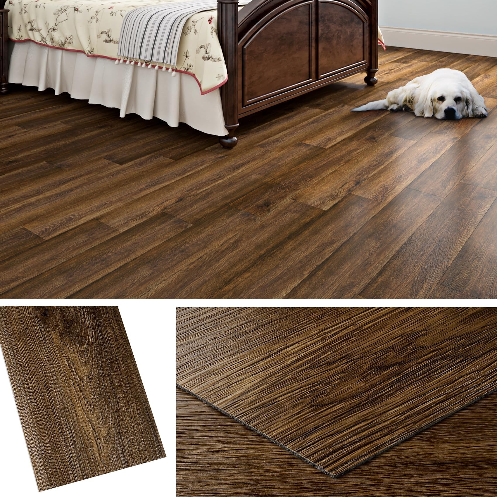 Livelynine Floor Tiles Self Adhesive Vinyl Flooring Kitchen Bathroom 90x15CM Waterproof Self Adhesive Floor Planks Brown Peel and Stick Vinyl Floor Tiles Wood Effect for Hallway Bedroom Lino, 18 Pack