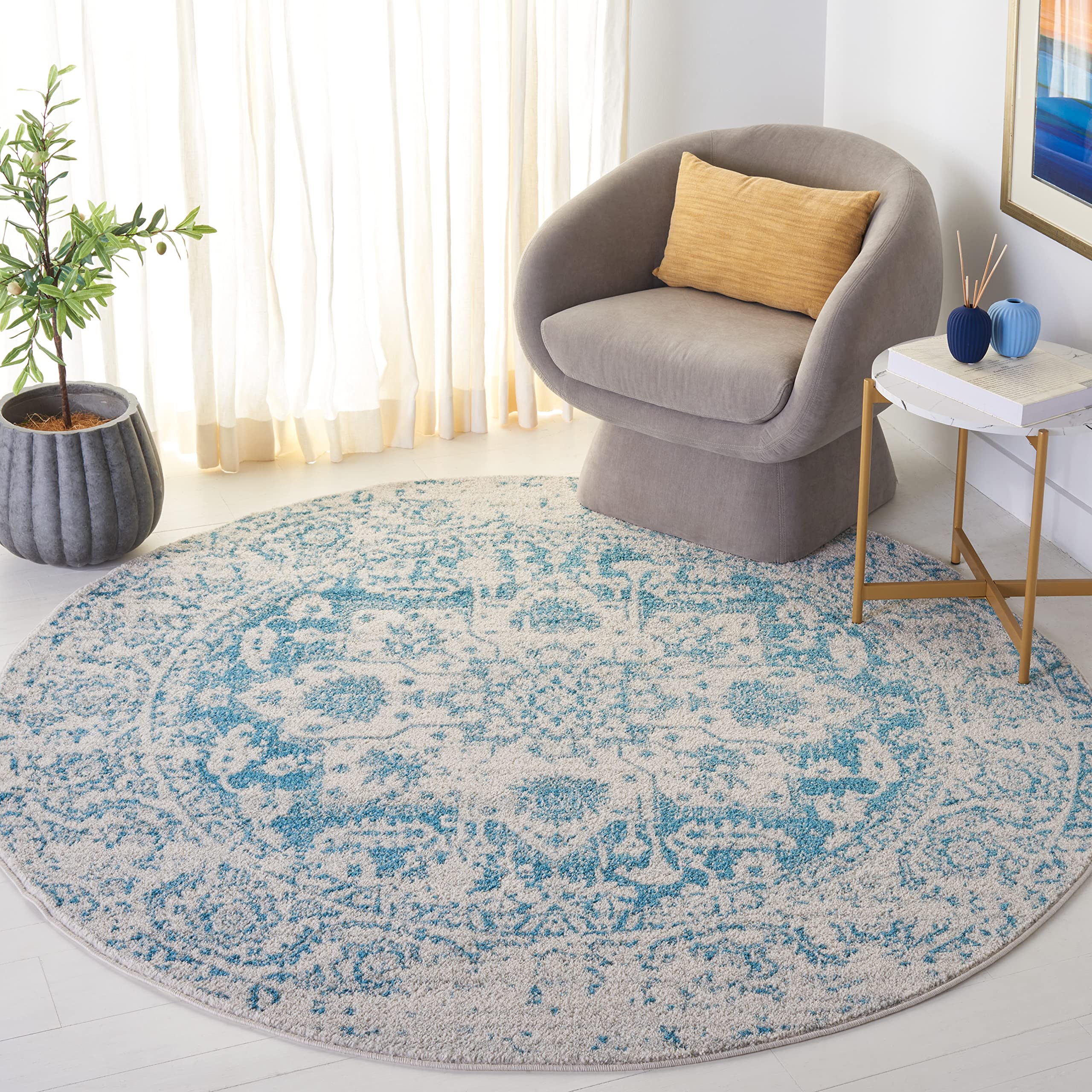 SAFAVIEH Madison Collection 9' Round Teal Ivory MAD603J Oriental Snowflake Medallion Distressed Non-Shedding Dining Room Entryway Foyer Living Room