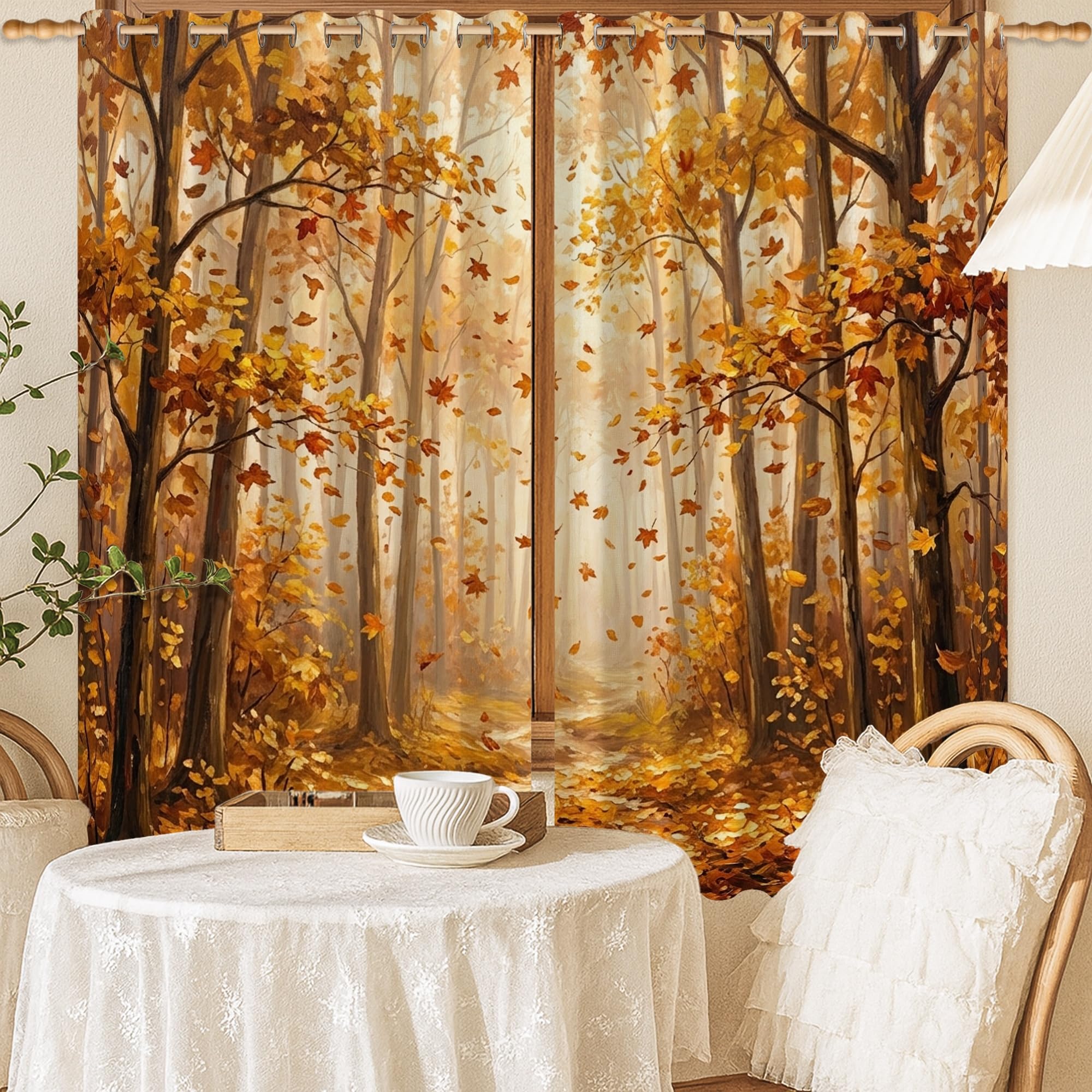 Rideaux occultants à motif feuilles rustiques orange avec finitions haut de gamme