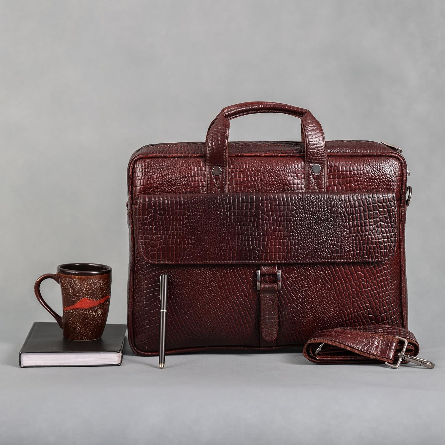 Crocodile Embossed leather bag for men, 5 Zipper Pockets with Spacious Compartments.,12 x 16 x 4 inches. - Image 7