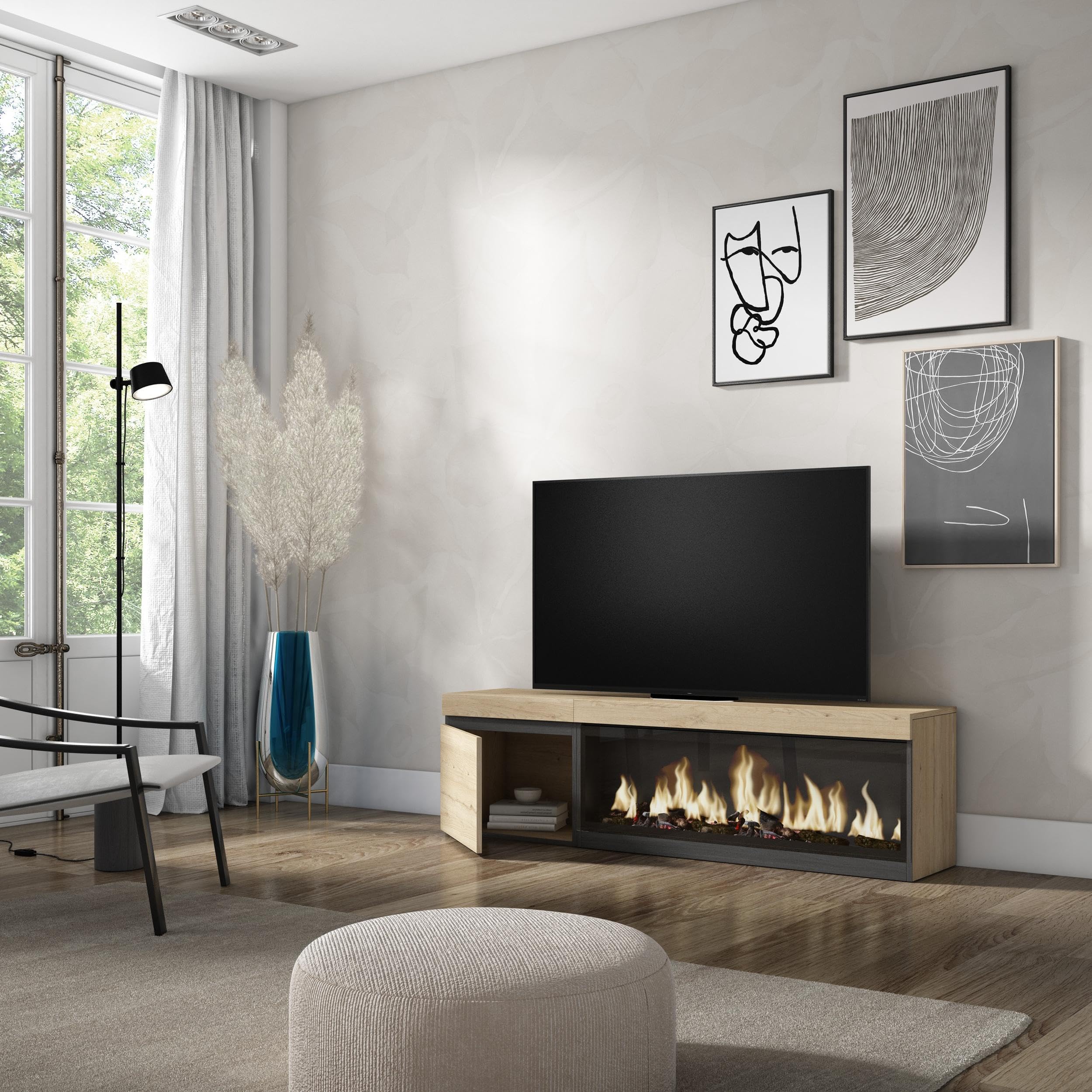 Skraut Home | Meuble TV | Banc Télé | Grand Espace de Rangement | 160 | pour Les TV jusqu'à 65" | Cheminée électrique XXL | Style Moderne | Chêne