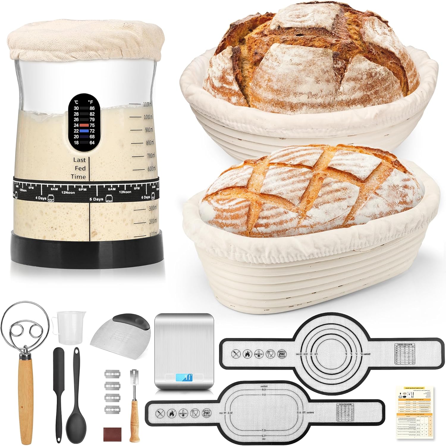 Coco Bird Pro Sourdough Starter Kit- 50oz Large Capacity Sourdough Starter Jar,17 Flavor Recipes,2 Bread Proofing Baskets,Food Scale,Bench Scraper,Bread Lame,Complete Sourdough Bread Baking Supplies