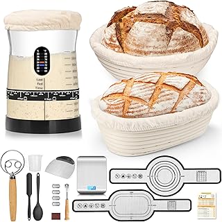 Pro Sourdough Starter Kit- 50oz Large Capacity Sourdough Starter Jar,17 Flavor Recipes,2 Bread Proofing Baskets,Food Scale,Bench Scraper,Bread Lame,Complete Sourdough Bread Baking Supplies