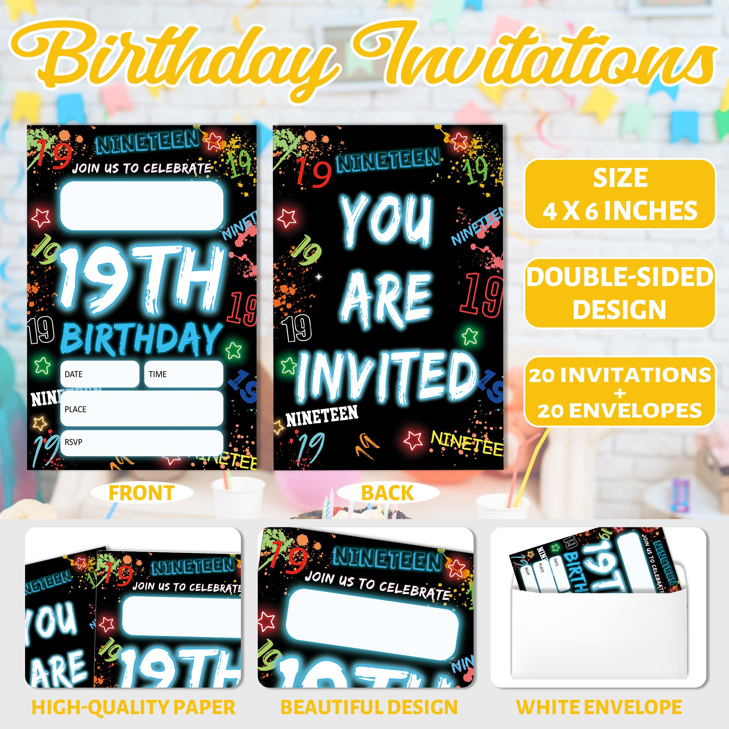 Lot de 20 cartes d'invitation à une fête d'anniversaire pour garçons et filles, 10,2 x 15,2 cm -B15 - Bleu pailleté - 20 cartes d'invitation double face à remplir avec enveloppes