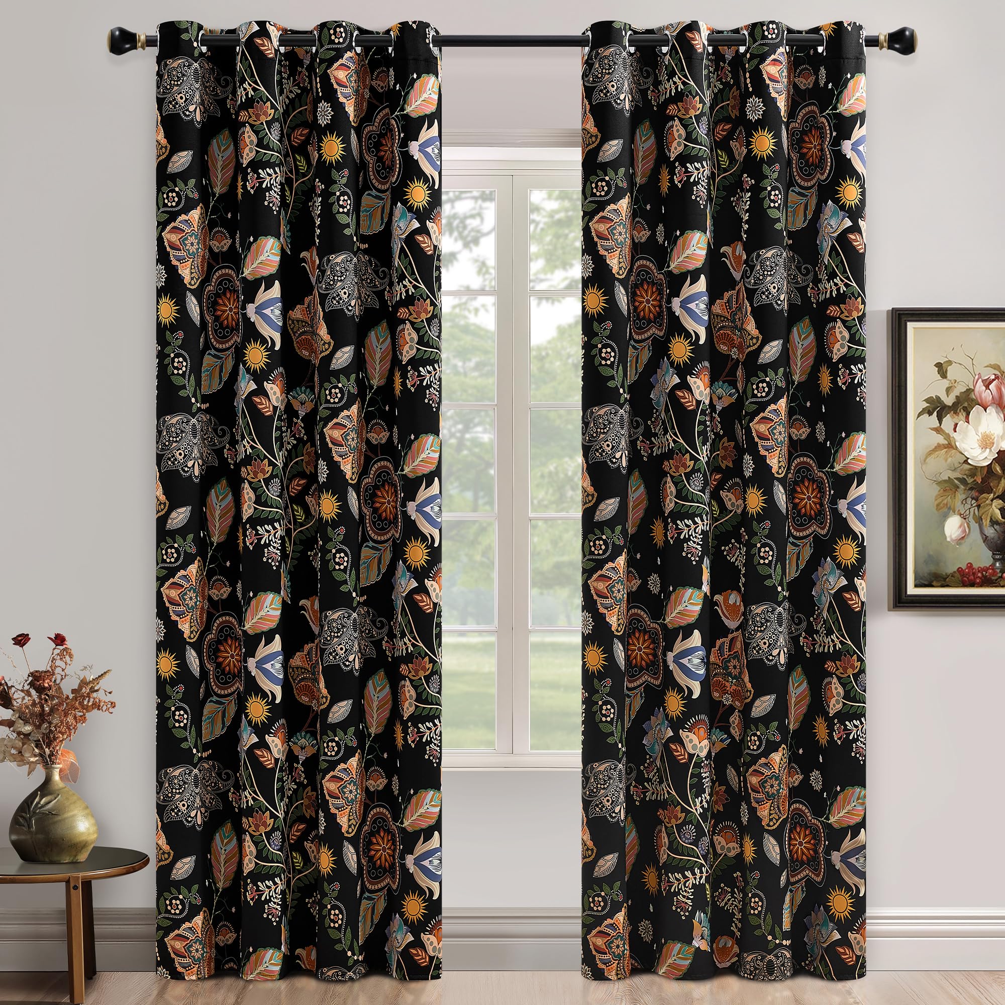 XiDi Floral Blackout Curtains 108 Inches 2 Panels Floral Living Room Floor-Length Thermal Insulated Grommet Darkening Black52/108