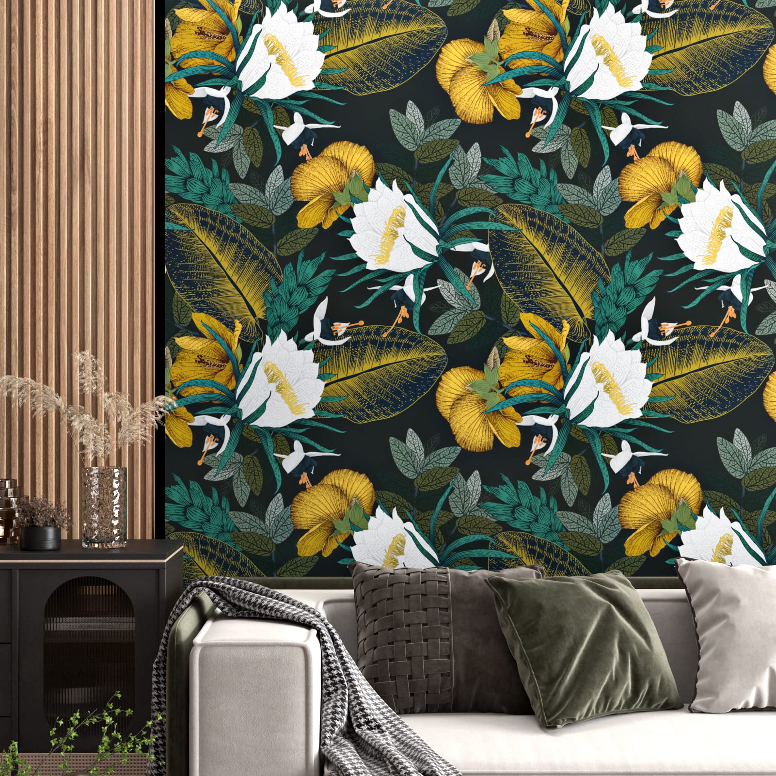 Papier peint floral foncé intissé adhésif effet fresque vintage