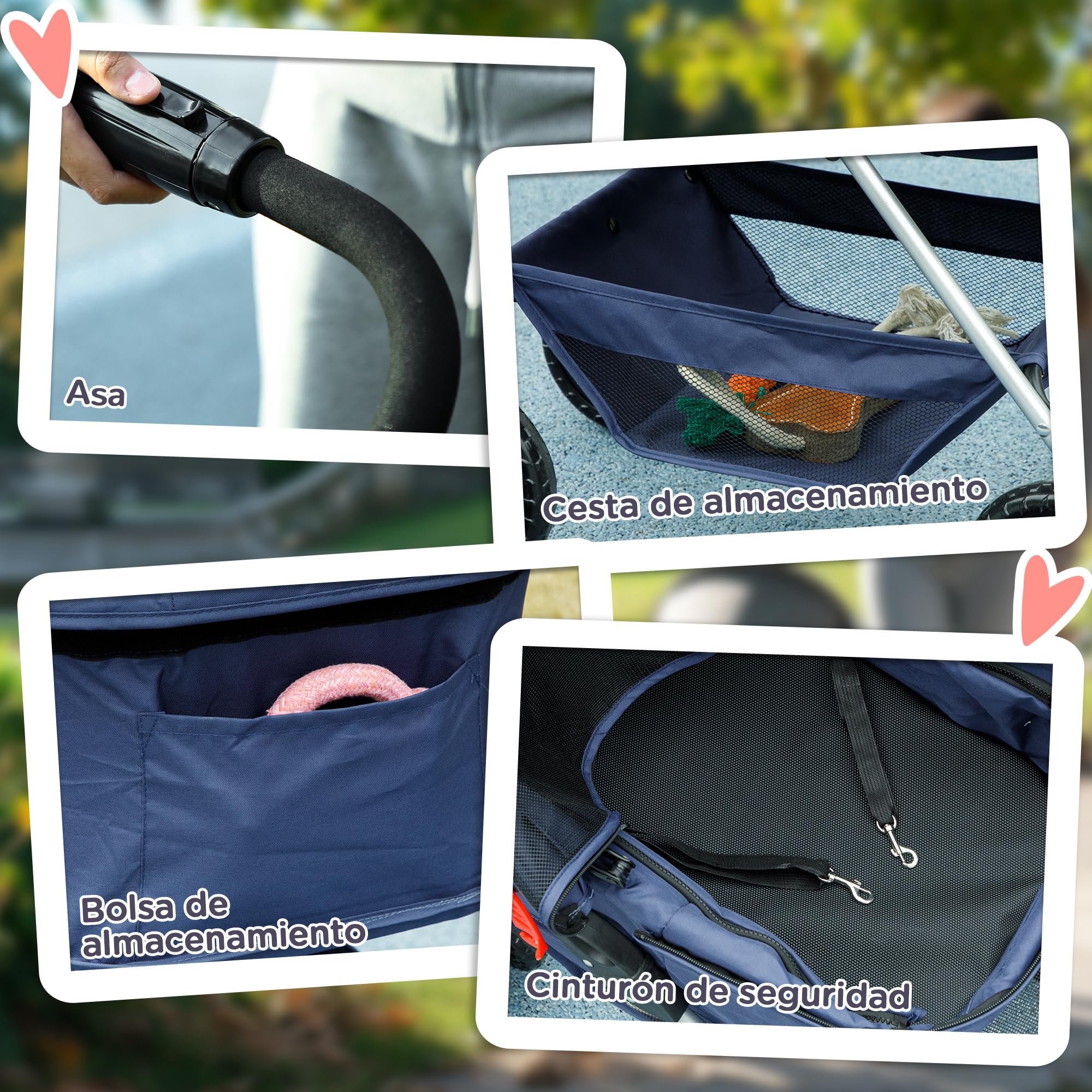 PawHut Carrito para Perros Plegable 3 en 1 Cochecito para Mascotas Carrito para Perros Miniatura con Cesta de Almacenaje Ventana de Malla Portavasos y 2 Ruedas Universales 76x50x102 cm Azul Oscuro