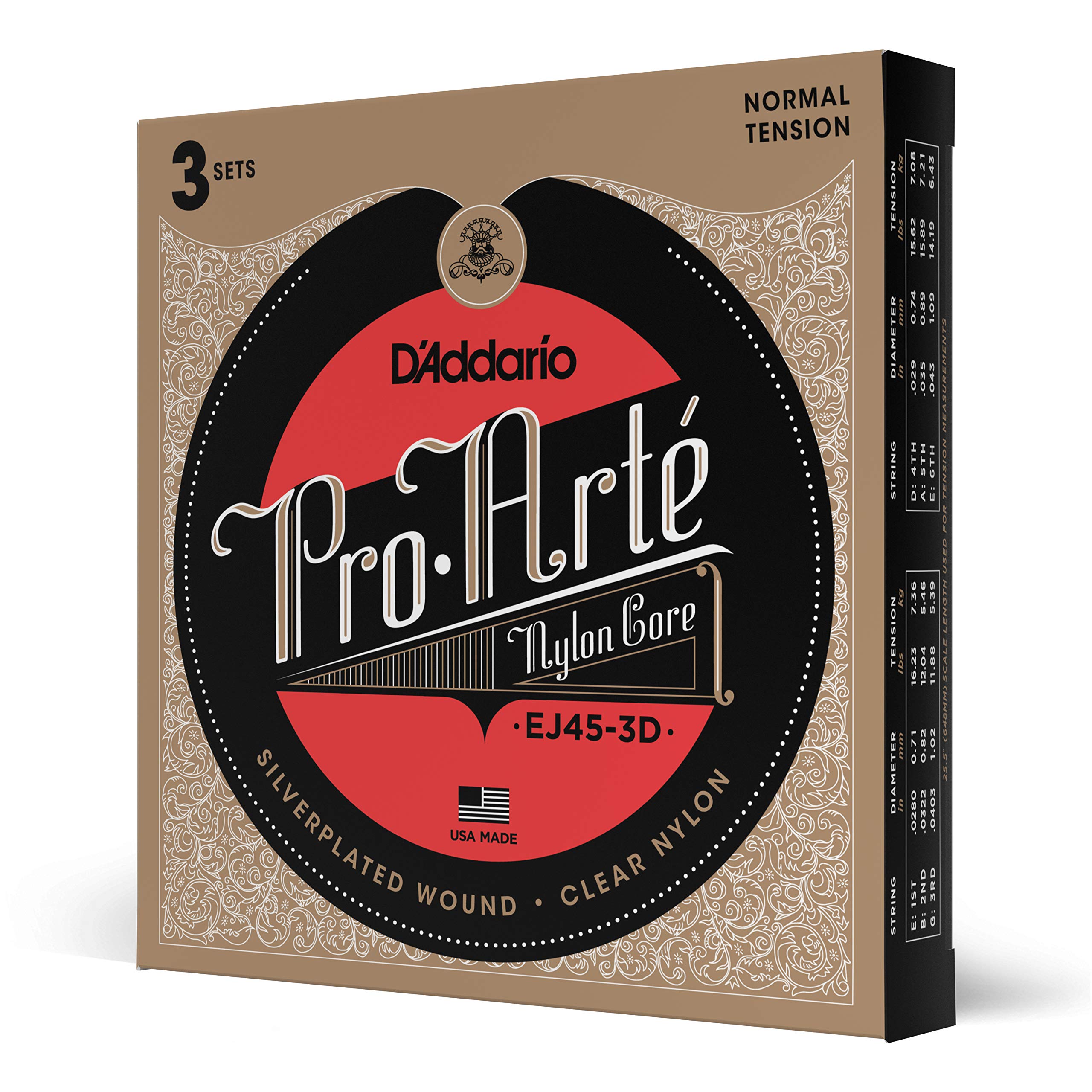 D'Addario Pro-Arte Nylon Classical Guitar Strings, Normal Tension, 3 Sets