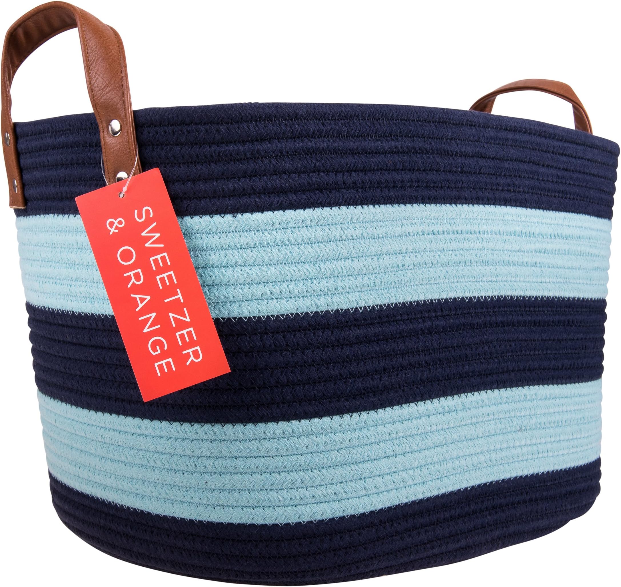 Sweetzer & Orange Large Woven Cotton Rope Storage Basket (Vegan Handles) - Blanket Storage Baskets, Laundry Basket, Toy Storage, Nursery Hamper - Decorative Blue Stripe Basket for Living Room