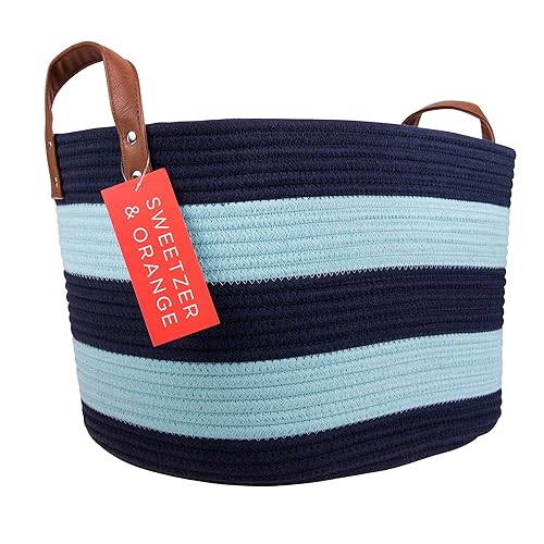 Sweetzer & Orange - Cesta de almacenamiento extragrande con asas de cuero, para guardería o habitación de los niños, 17.5" x 15" x 11.5", algodón