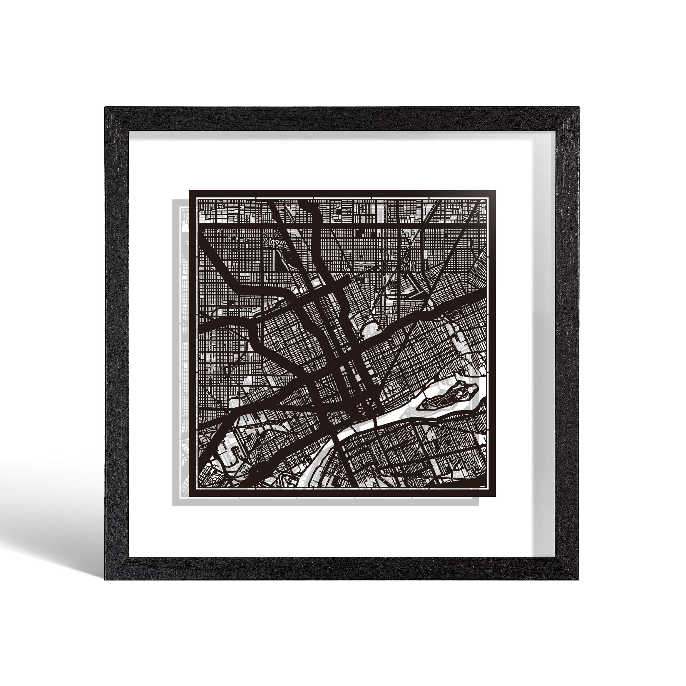 O3 DESIGN STUDIO Detroit Paper Cut Map framed, Black map, Black frame, 9x9 inches, Gift Boxed, 2 background color, self-changing, Paper Art