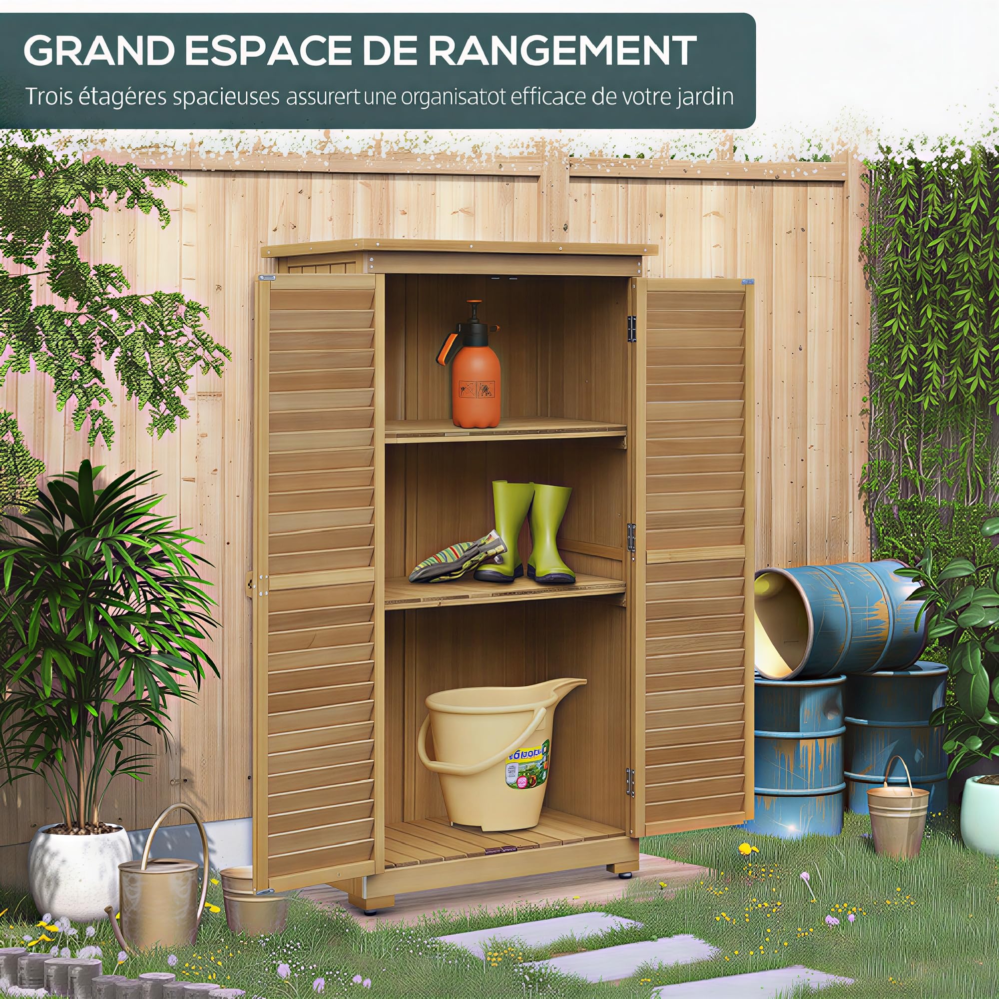 Outsunny Abri de Jardin abri à Outils sur Pied en Bois 2 étagères Portes à Volets Toit en Bitume incliné 87 x 47 x 160 cm Naturel