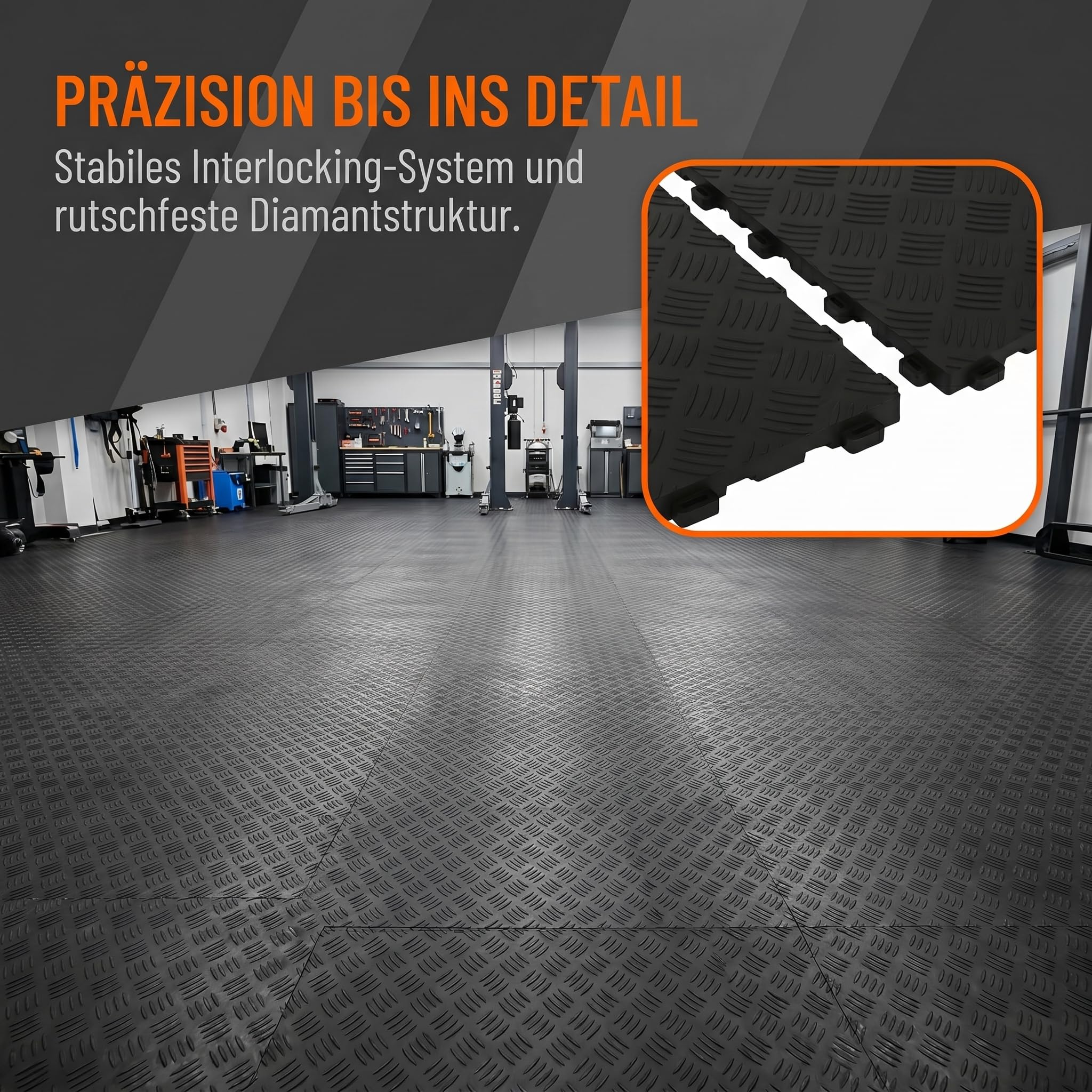 Garagenmatten PVC, 20 Stück, 40x40 cm, 18mm, schwarz | Ineinandergreifend, Rutschfest, Für Autowerkstätten, Für Garagen, Für Keller