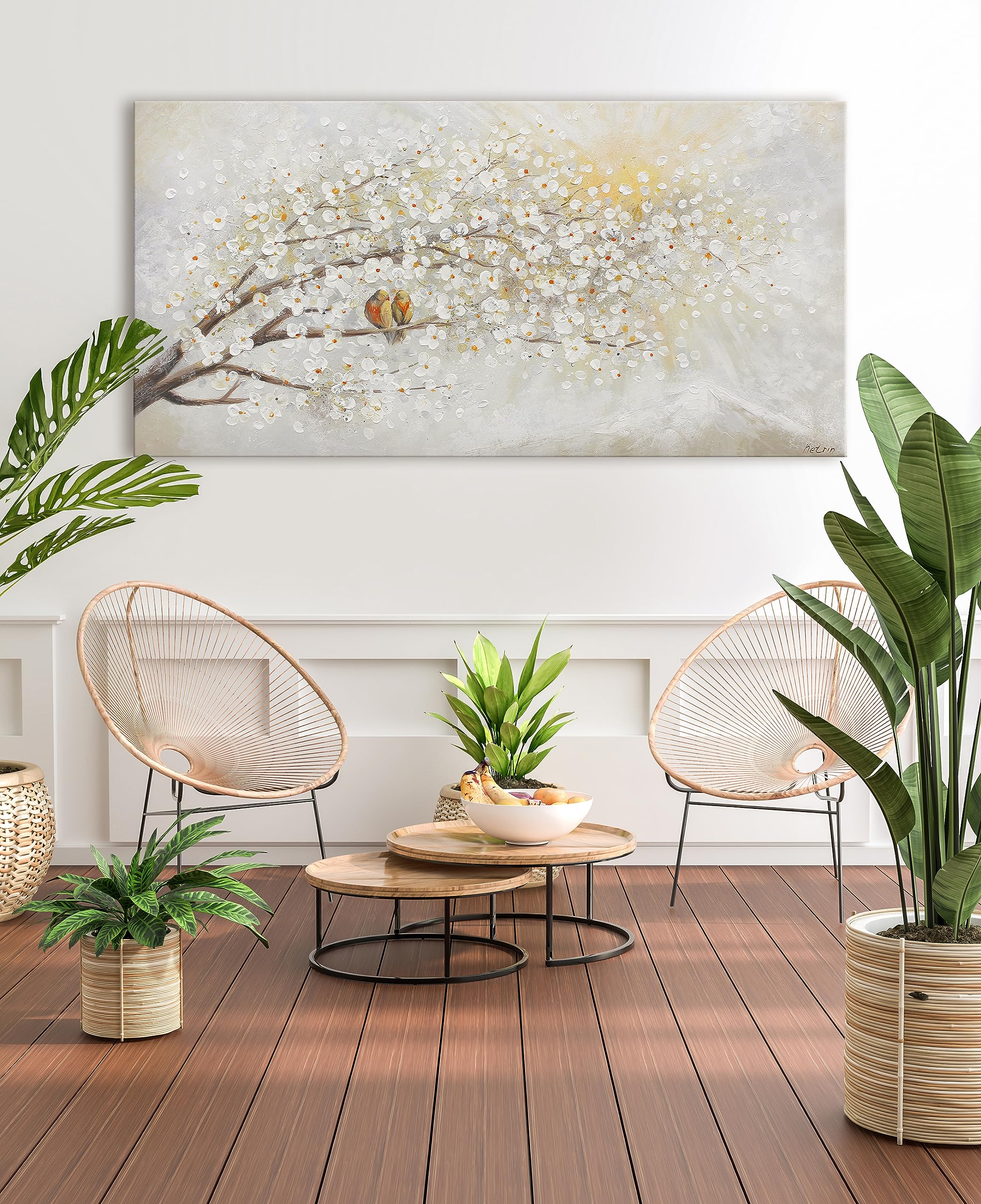 YS-Art Tableau Fleur de Cerisier Blanc avec Oiseaux, Peinture Acrylique Faite Main sur Toile pour Chambre Entrée Hôtel 200x100 cm
