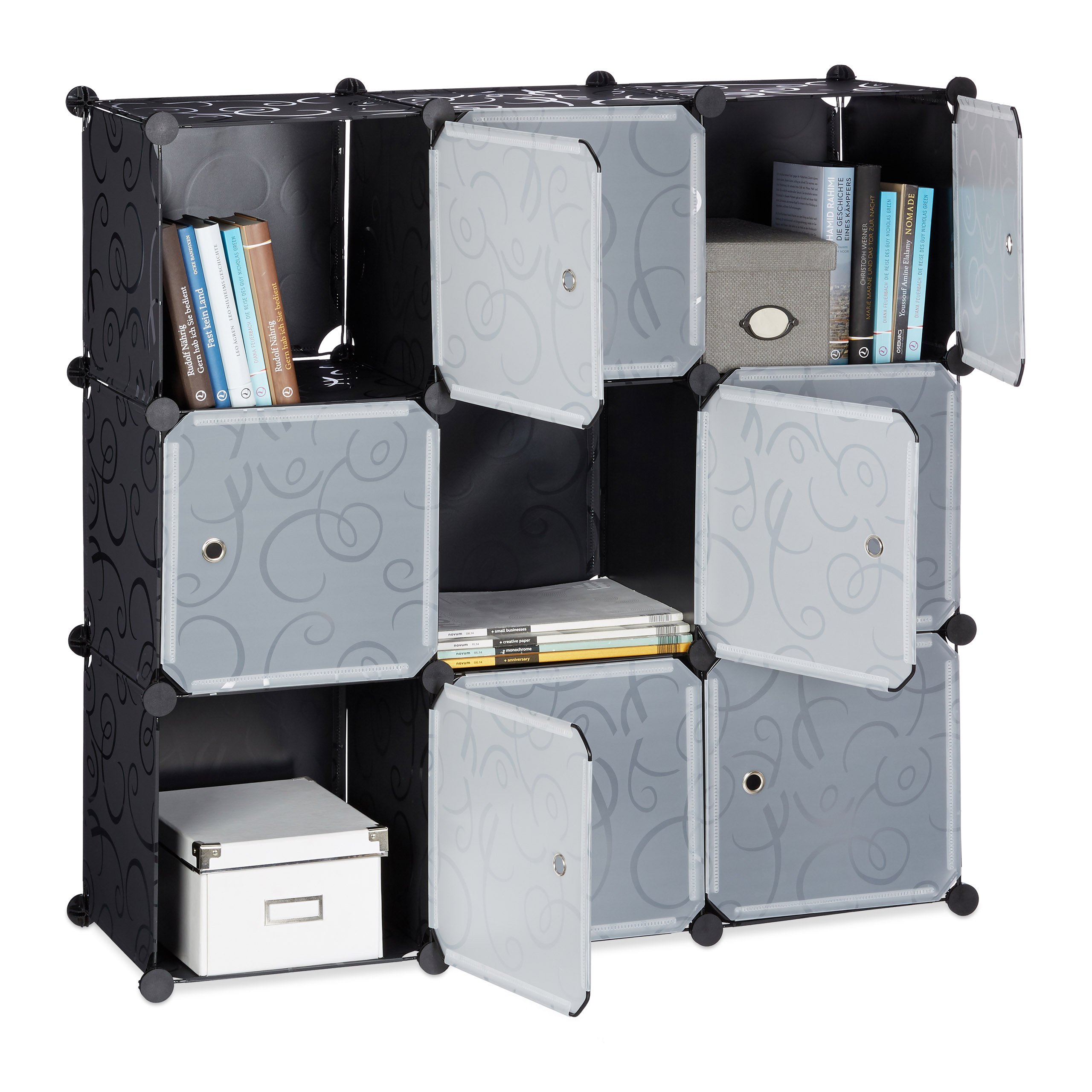 Relaxdays Shelving System with Doors, Plastic Divider, Standing Shelf with 9 Compartments, 95 x 95 x 35 cm, Black