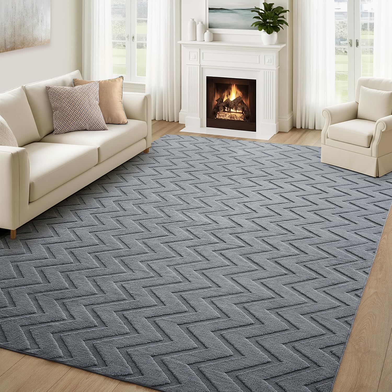 Aspire Homeware Rugs Living Room Large 160x230 cm – 100% Polyester Machine Washable Grey Rugs For Bedroom Anti Slip Bedside Carpet, Modern Zig Zag High Low Pile Rug For Kids Room Non Shedding