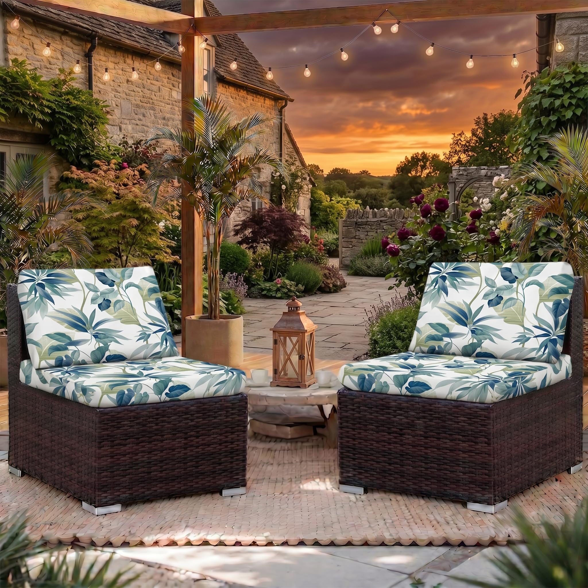 LiveGo Outdoor Patio Cushion Covers, Washable Replacement Slipcovers for Outdoor Sofa & Couch Cushions, Soft & Durable Seat Protectors for Patio Furniture (2, Green Leaves B)