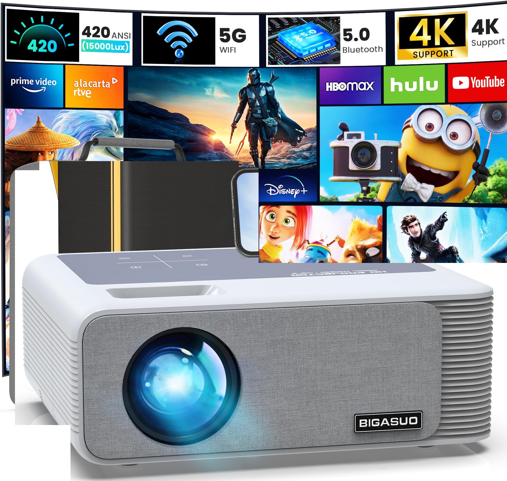 BIGASUO 850ANSI Projector with WiFi and Bluetooth - 1080P HD Outdoor Movie Projector 4K Support, Home-Projectors Max 400" Display, 4P & ±50° Keystone, 60% Zoom, Compatible with Laptop, TV Stick, PS5…