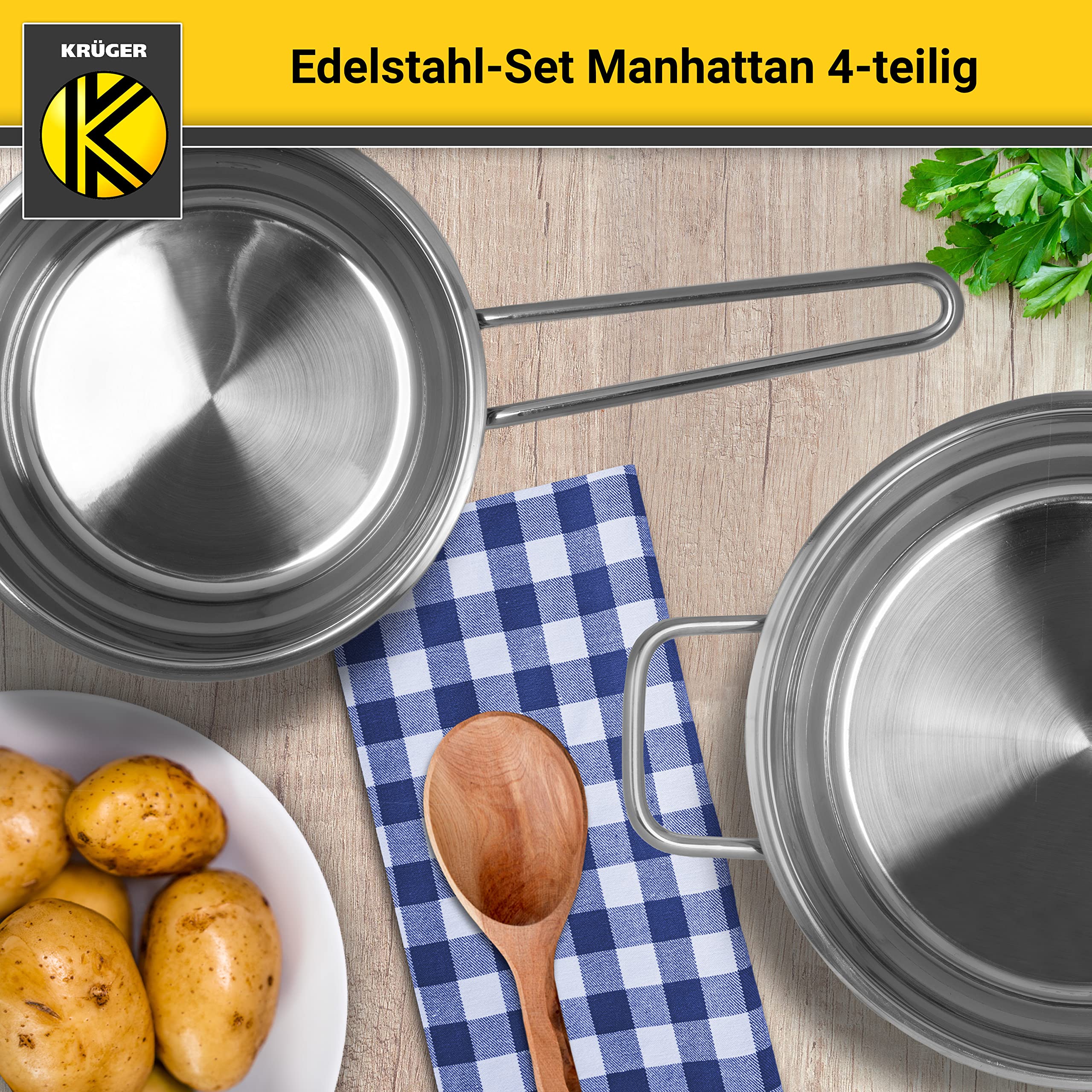 Krüger Edelstahl Topfset Manhattan 4-teilig|3 Töpfe mit Deckel & Stieltopf