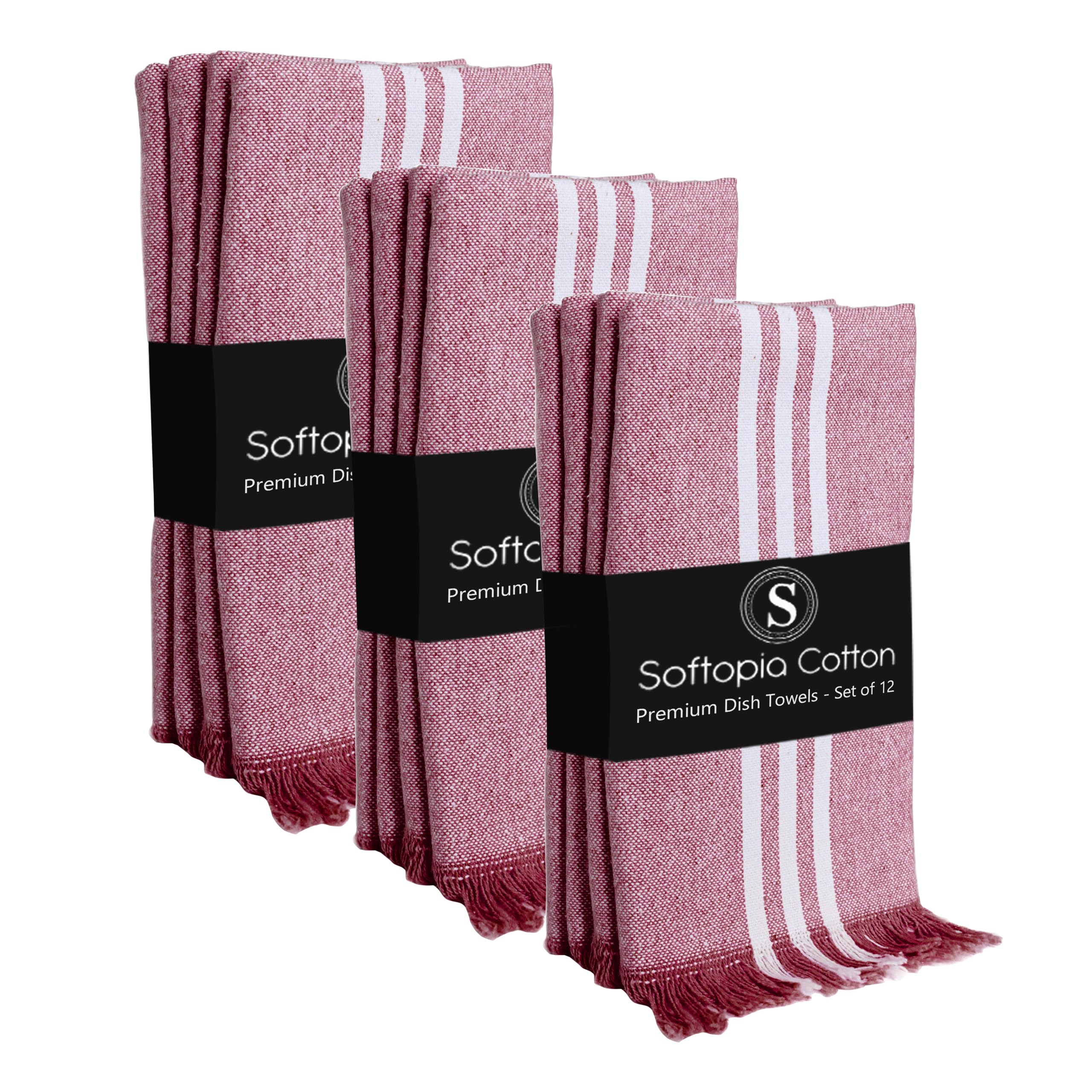 Prewashed Stripe Dish Towels 12 Pack, 16x26 Inches, Absorbent Hand Towels for Kitchen Use, Quick Dry Cloths for Cleaning, Durable Washable Rags, Reusable Dishcloth Set - Burgundy Wine