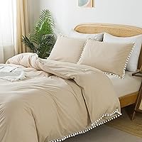 Vista 1 de Softta Juego de funda de edredón de 3 piezas, tamaño matrimonial, color caqui claro, juego de ropa de cama con flecos de pompones, 100% algodón