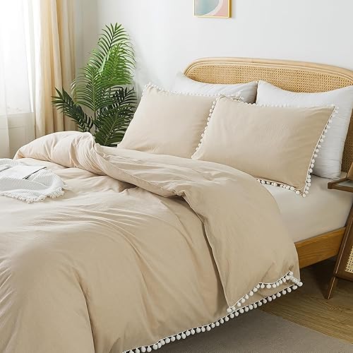 Softta Juego de funda de edredón de 3 piezas, tamaño matrimonial, color caqui claro, juego de ropa de cama con flecos de pompones, 100% algodón