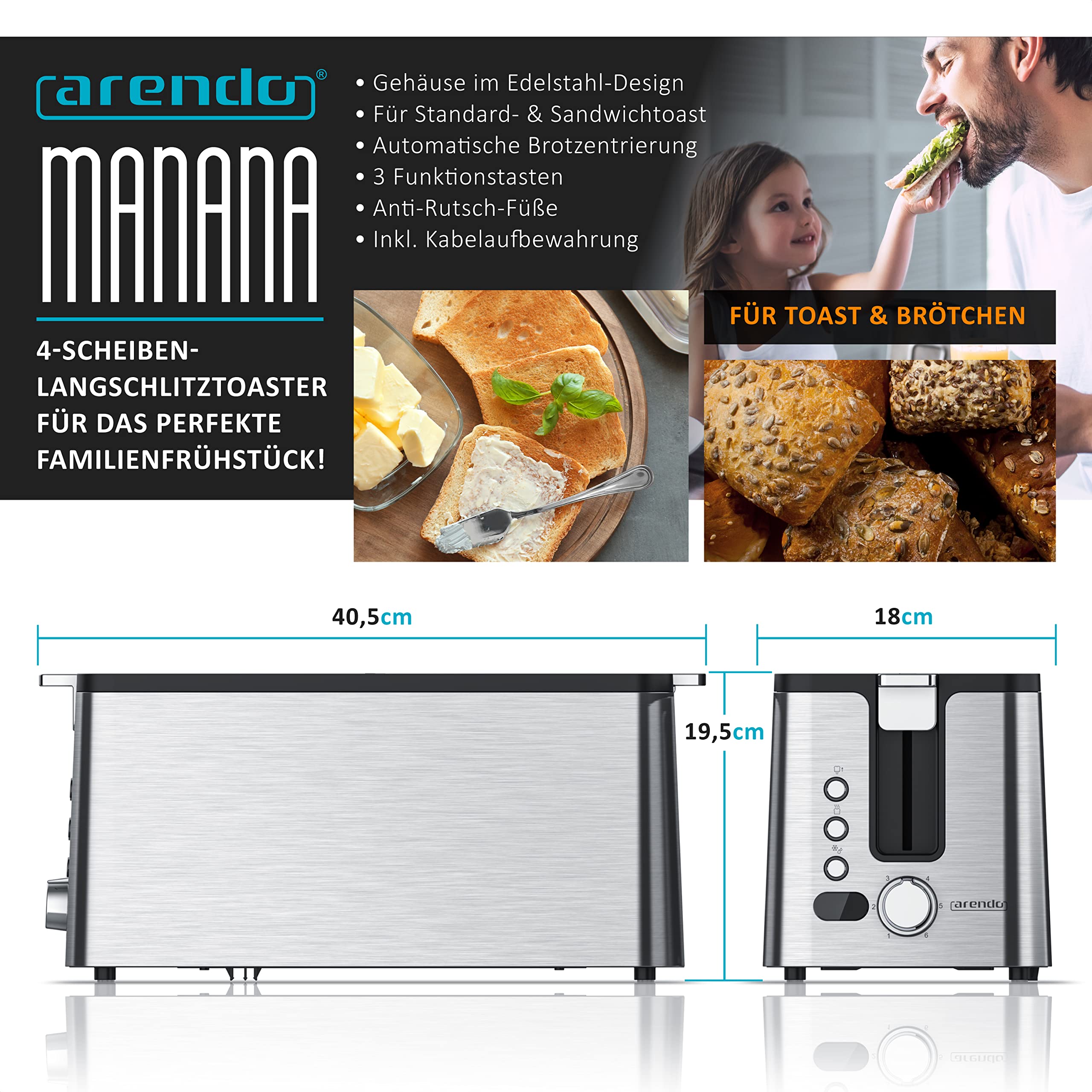 Arendo - Edelstahl Toaster Langschlitz 4 Scheiben - Defrost Funktion - wärmeisolierendes Gehäuse - mit integriertem Brötchenaufsatz - 1400W - Krümelschublade - Display mit Restzeitanzeige - Silber