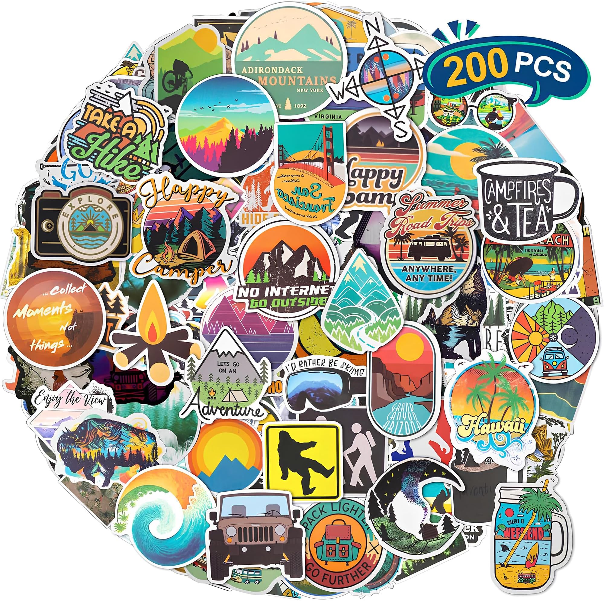 Anspect200Pcs Waterproof Vinyl Stickers - Personalize Belongings Decal with Outdoor, Nature, Adventure, National Park, Hiking, Camping, and Travel Themes (Outdoor Landscape Sticker)