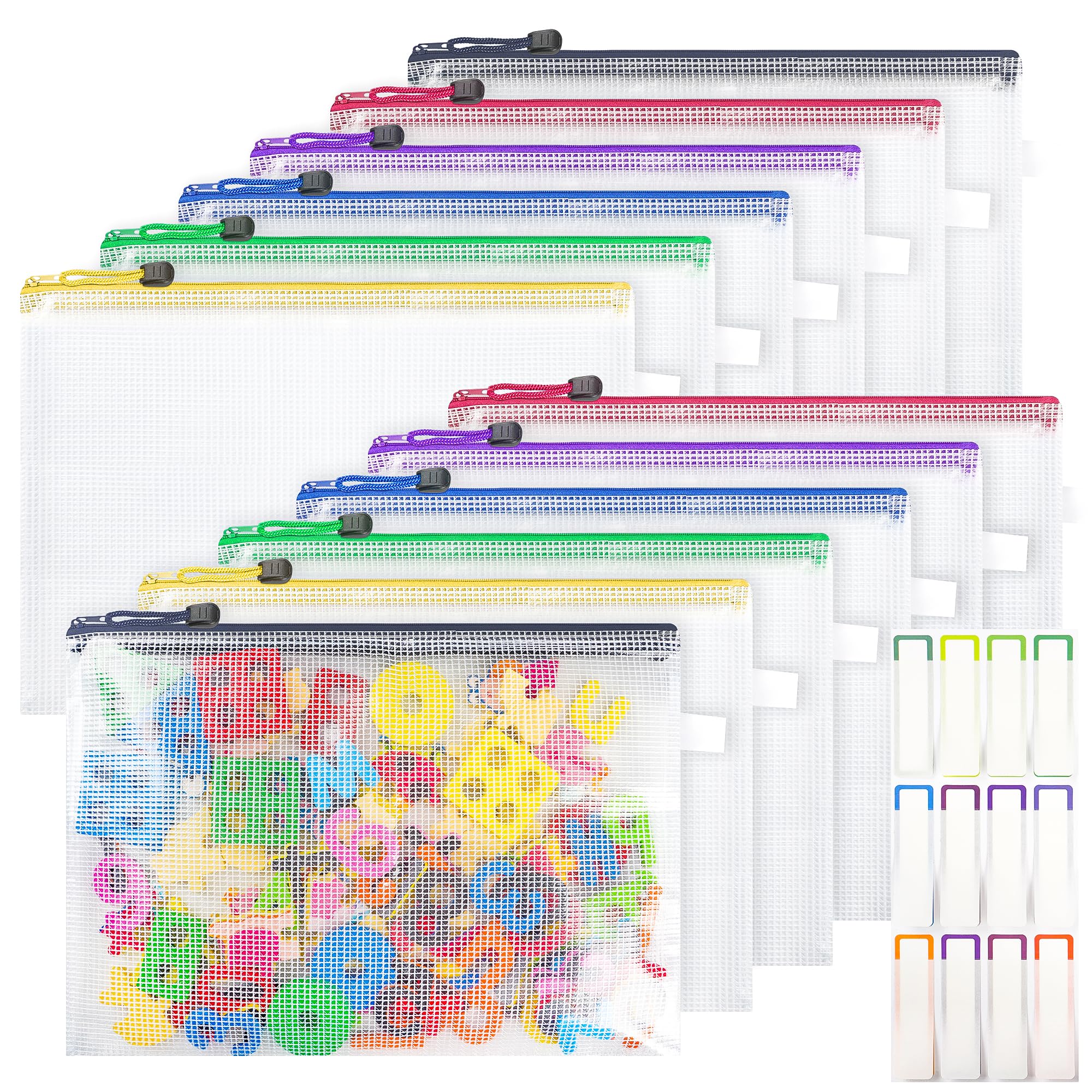 12Pcs Plastic Wallets with Labels, A4 Zip Lock Folders, Waterproof Mesh Document Bag for School Office Travel, Clear Zipper Pouch Pocket for Bill Luggage Homework Jigsaw Storage