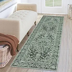 KUTA Runners for Hallways 2x6 Dark Green, Vintage Floral Rug Non-Slip Washable Kitchen Rugs Printed Retro Distressed Flower Carpet Entryway Rugs for Bedroom Laundry Nursery