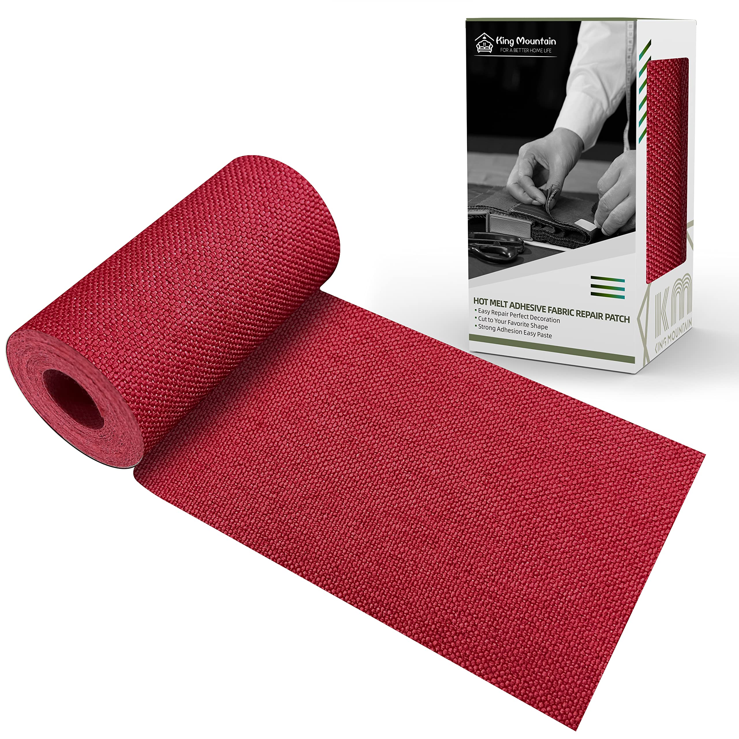King Mountain Premium Linen Fabric Iron-on Repair Patch, Inside&amp;Outside Fabric Repair Patch, 3"x60" with Backing Glue Linen Repair Decorative Patch kit (Linen-3"x60", Red)