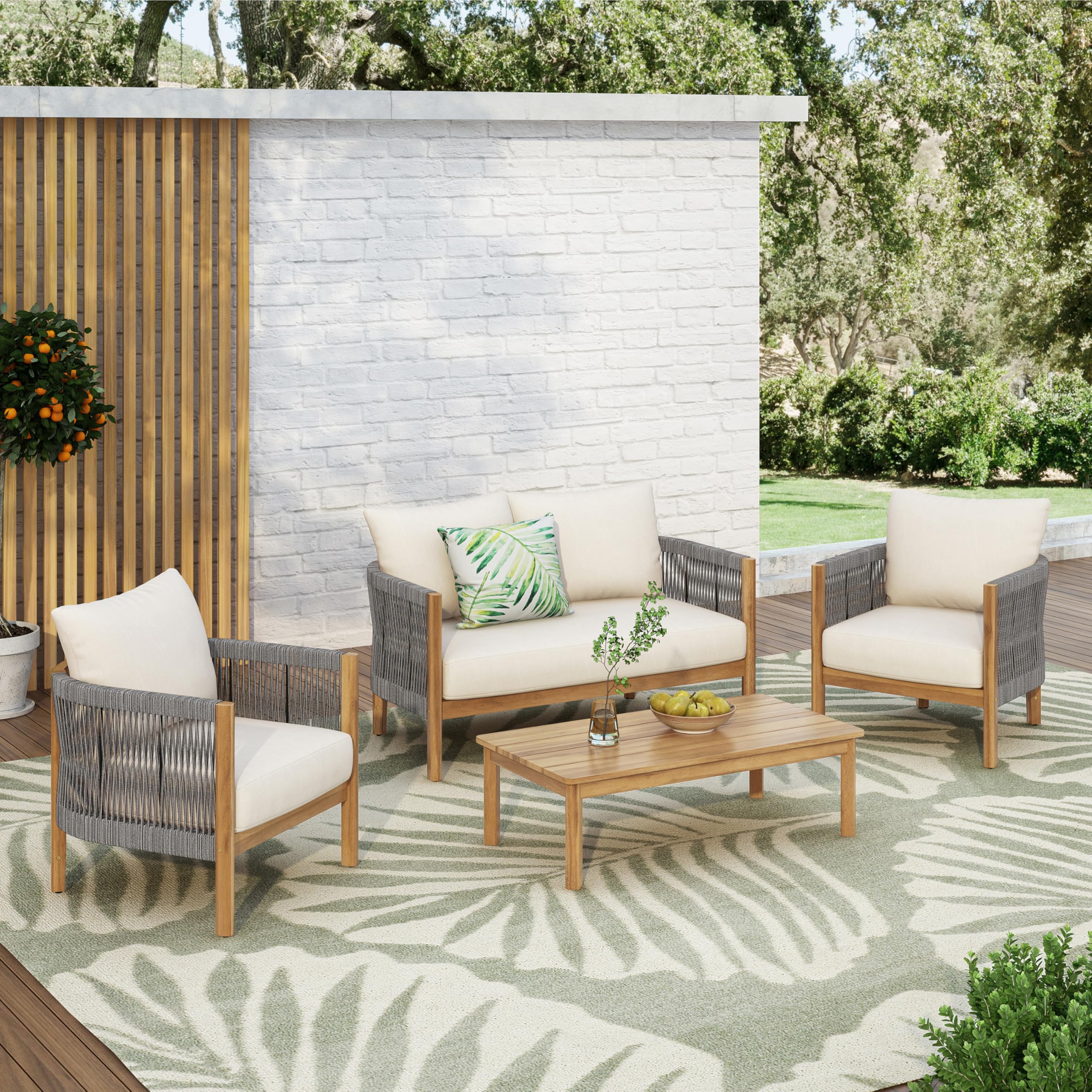 Havets 4 Pieces Outdoor Acacia Furniture Set, Woven Rope Loveseat and Accent Club Chairs, Conversation Sets with 6" Thick Cushions for Backyard Garden Balcony, Gray+Beige