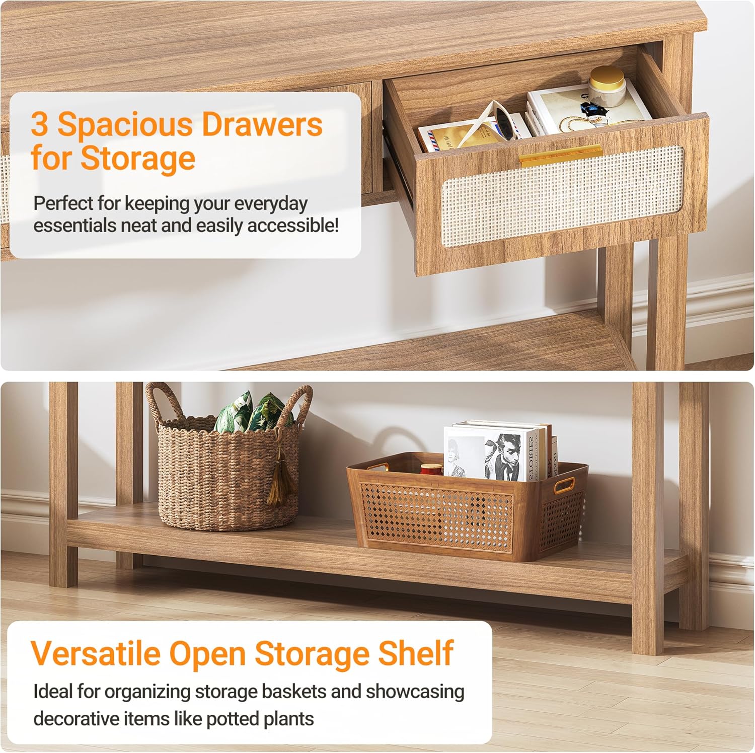 ELYKEN 51.2" Entryway Table with 3 Rattan Drawers, Boho Console Table Narrow with Storage, Long Sofa Table for Behind Couch Entry Hallway, Entrance, Living Room, Oak Brown