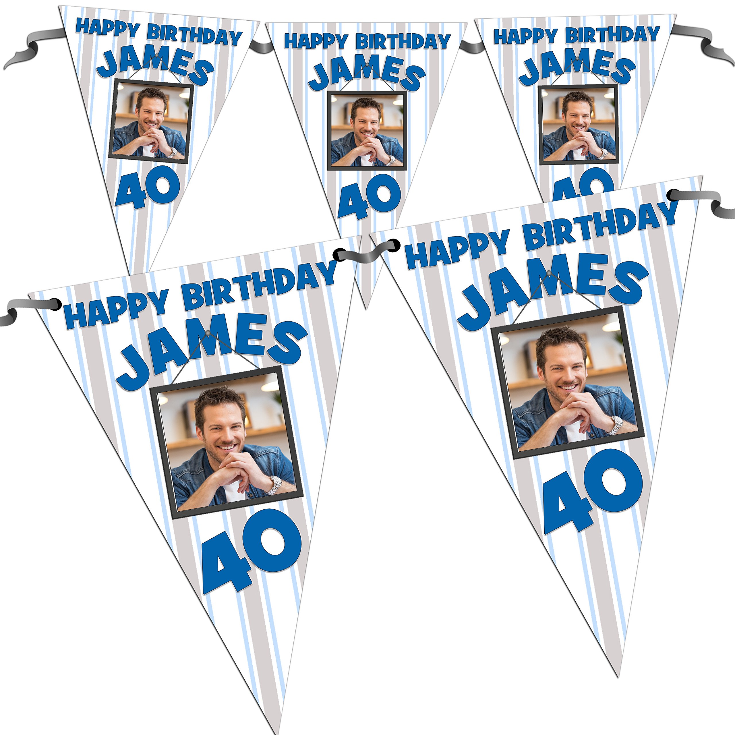 Personalised Party Products Blue Personalised Stripe Happy Birthday Party Photo Flag Banner Bunting N42-10 Flags Inc Ribbon Any Age 18Th 21St 30Th 40Th 50Th 60Th
