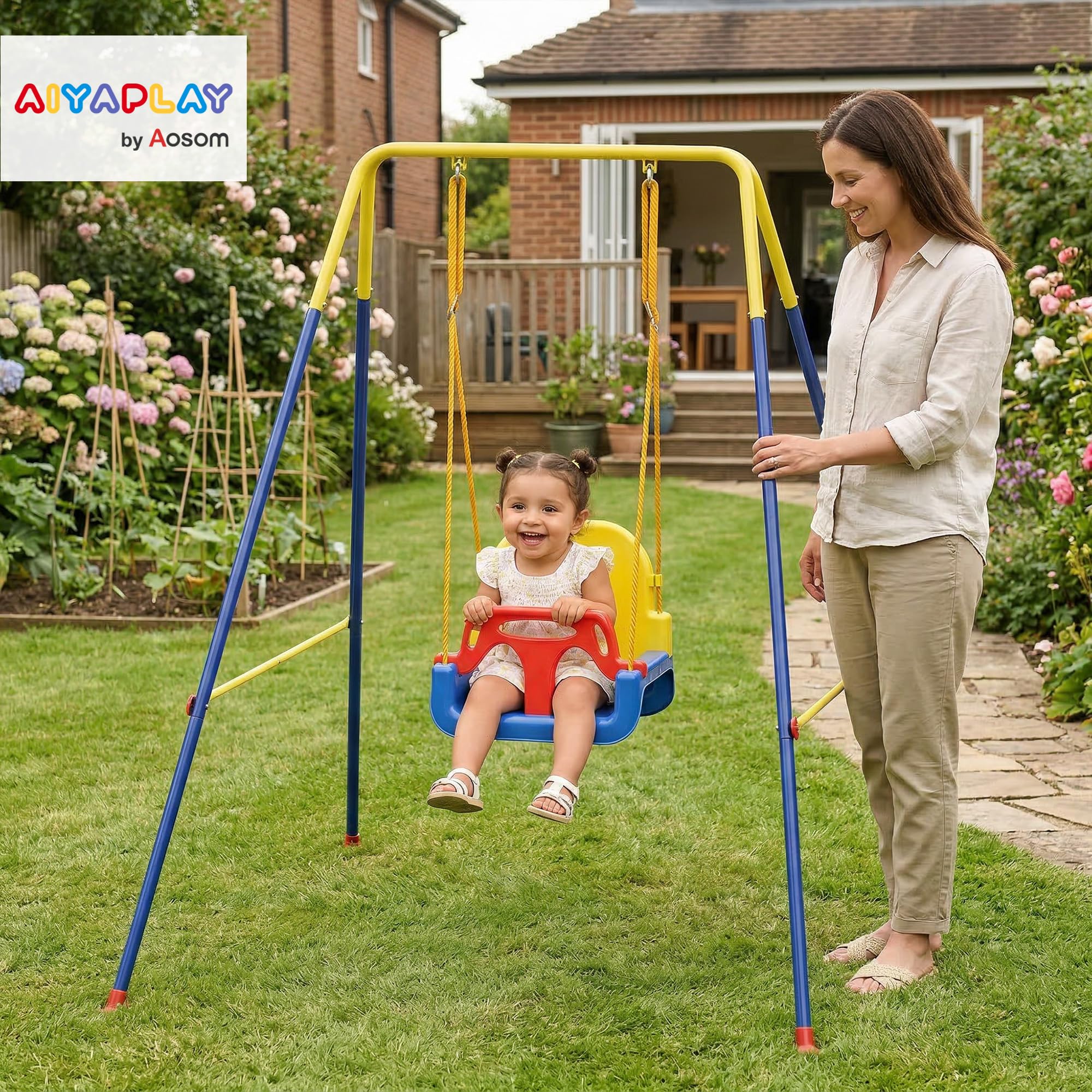 AIYAPLAY 3 in 1 Altalena da Giardino per Bambini, Altalena per Neonato da Interno e Esterno, Altezza Regolabile, Supporti in Acciaio Pieghevoli, Cintura Sicurezza, Facile Montare, 9 Mesi-8 Anni, Blu - 2