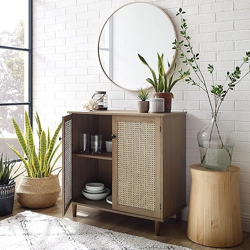 Miniatura 6 de Volans Juego de 2 armarios de almacenamiento con puertas de mimbre de ratán tejido, aparador para entrada, pasillo o sala de estar, chapa de madera