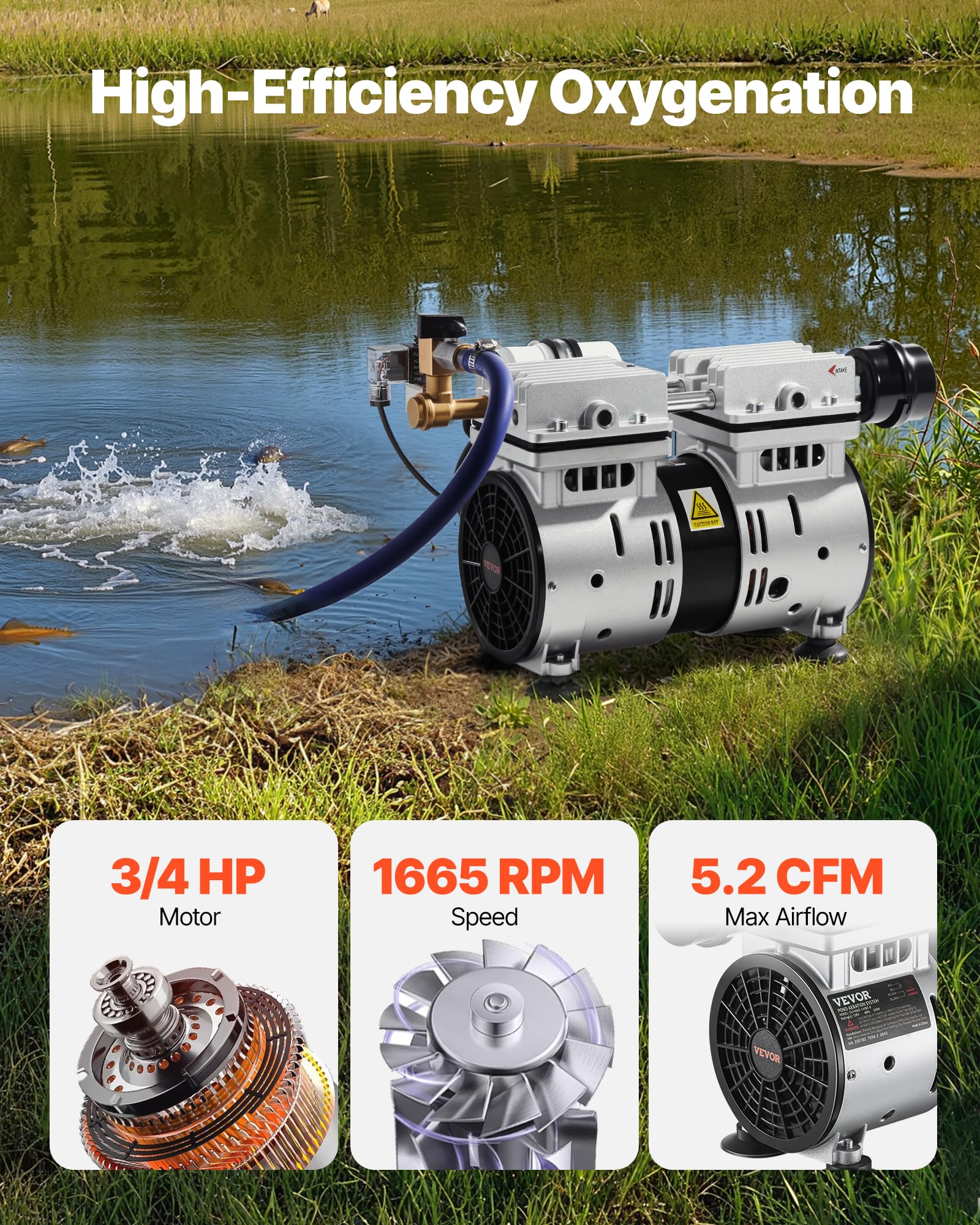 VEVOR Aeratore per Laghetto, Potenza 550 W 8,83 CMH per Lago Kit di Aerazione per Laghetto Include Compressore Timer Valvole, Compressore d'Aria per Circolazione dell'Ossigeno in Acque Profonde