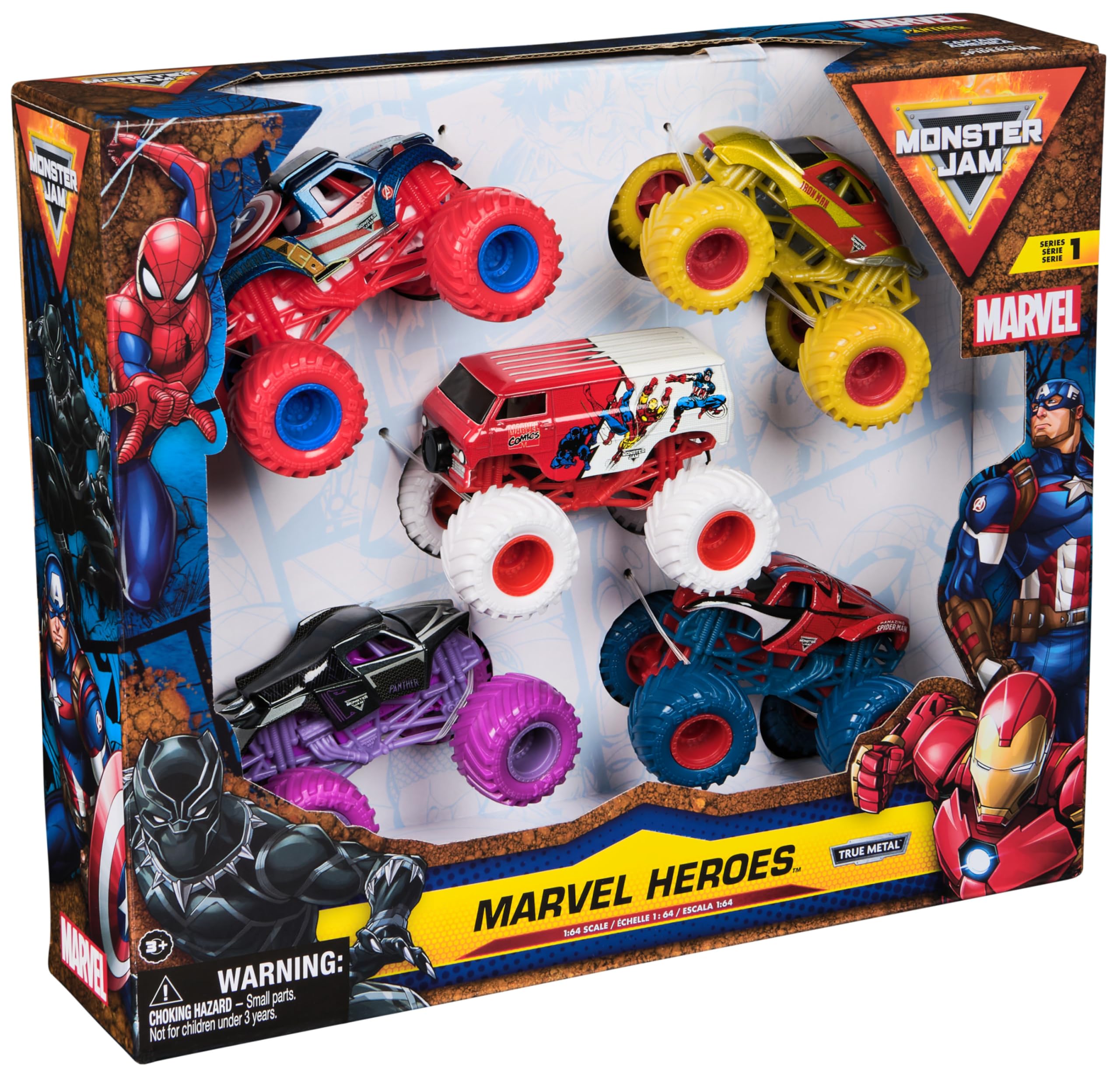 MONSTER JAM, Confezione da 5 Marvel Heroes, Spider-Man, Black Panther, Iron Man, Captain America | Veicoli Die-Cast, Giocattoli per Bambini e Bambine dai 3 Anni in su