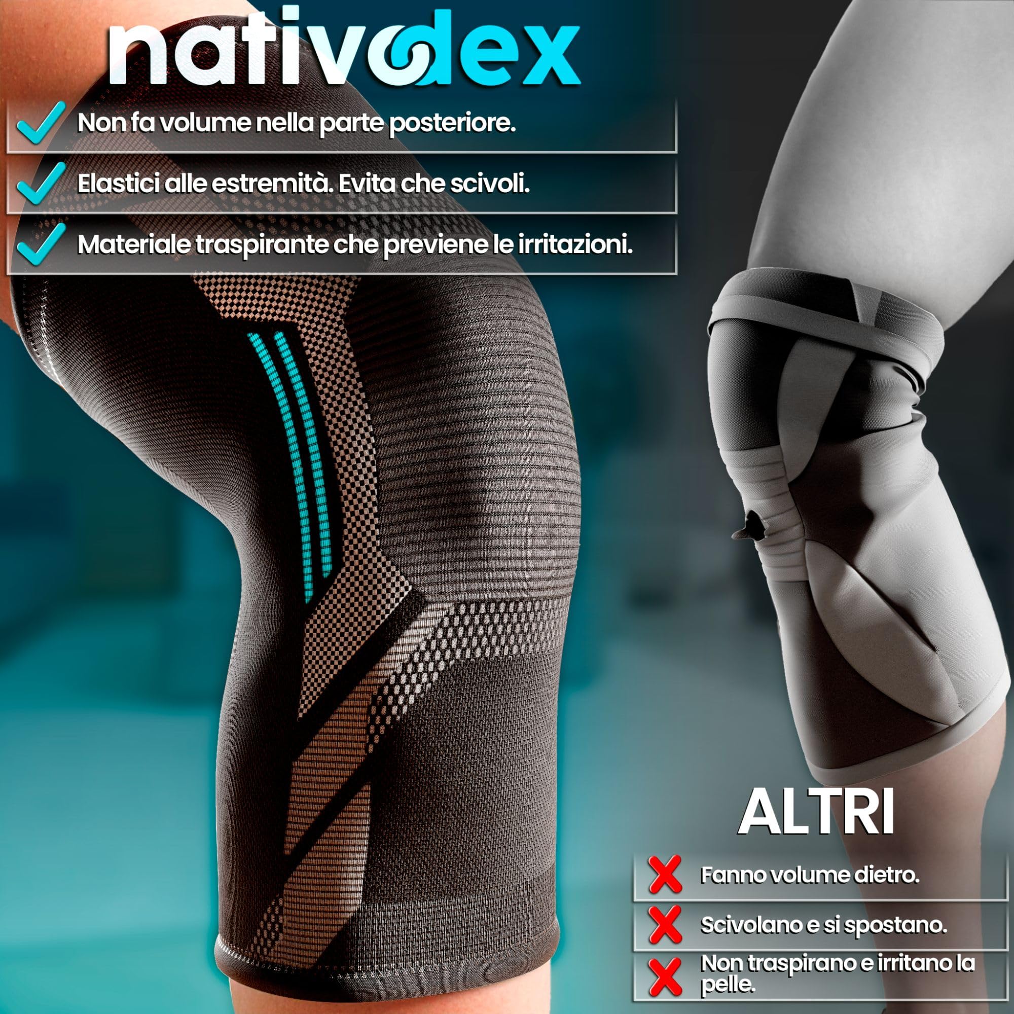 NativoDex Ginocchiera Stabilizzante di Supporto per Menisco e Legamenti - Tutore Ginocchio Antiscivolo di Compressione per Uomo e Donna - Ginocchiere Palestra