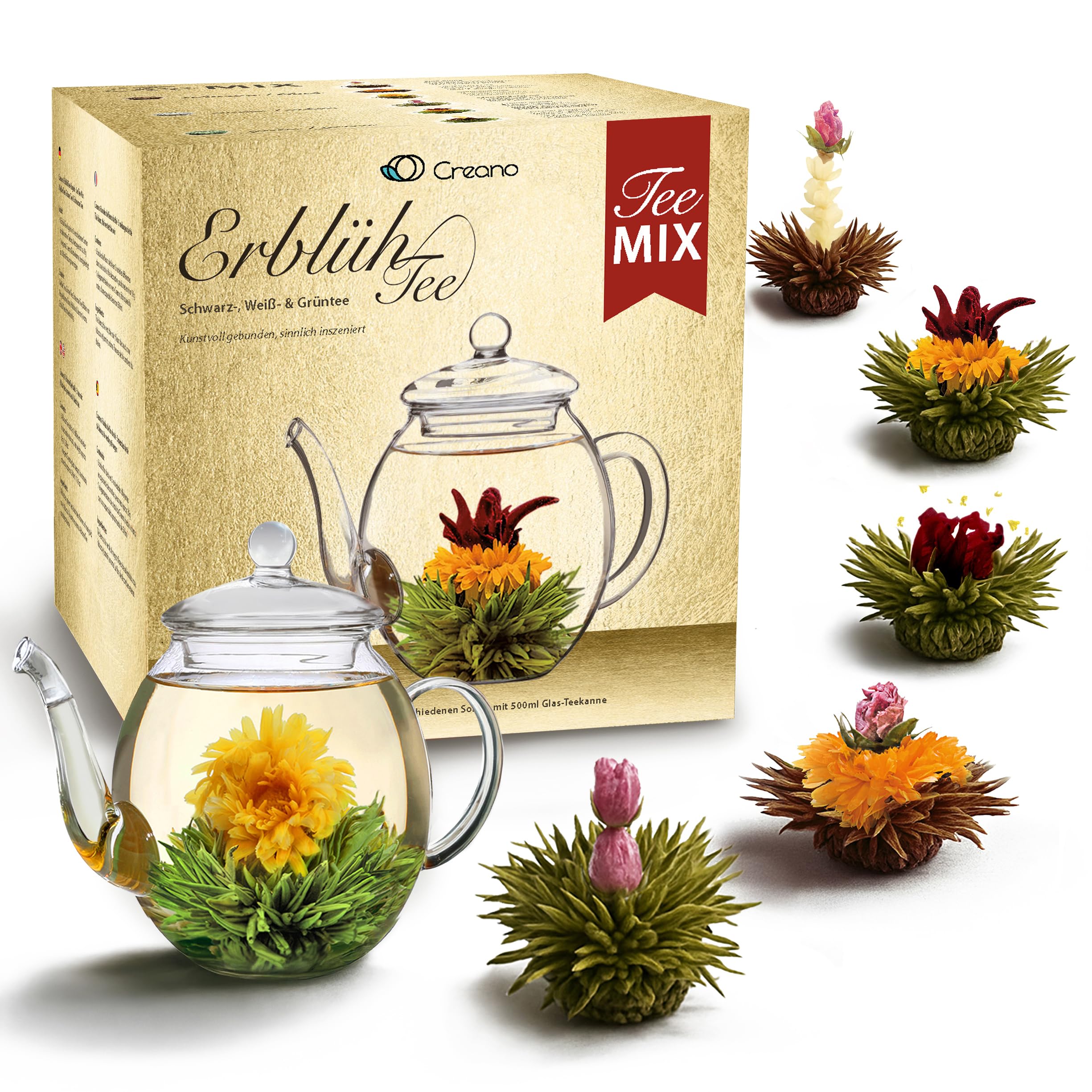Creano Teeblumen Mix - goldenes Geschenkset Erblühtee mit Glas Teekanne weißer, grüner & schwarzer Tee in 6 Sorten Geschenk für Frauen (Schwarz, Weiß, Grün)