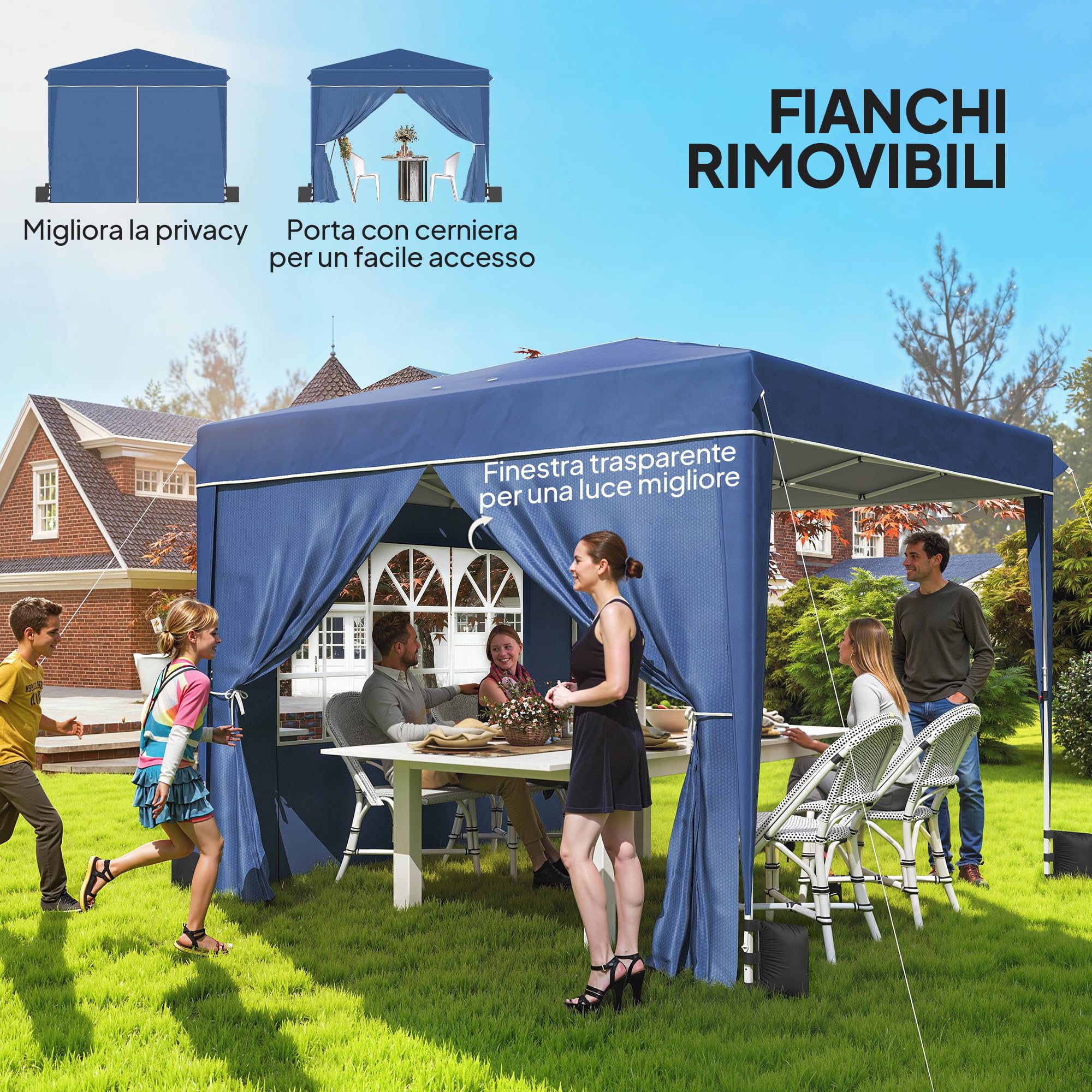 Outsunny Gazebo 3x3m Pieghevole Pop Up Altezza Regolabile, Gazebo da Giardino con Pareti Laterali, UV50+, Blu Scuro