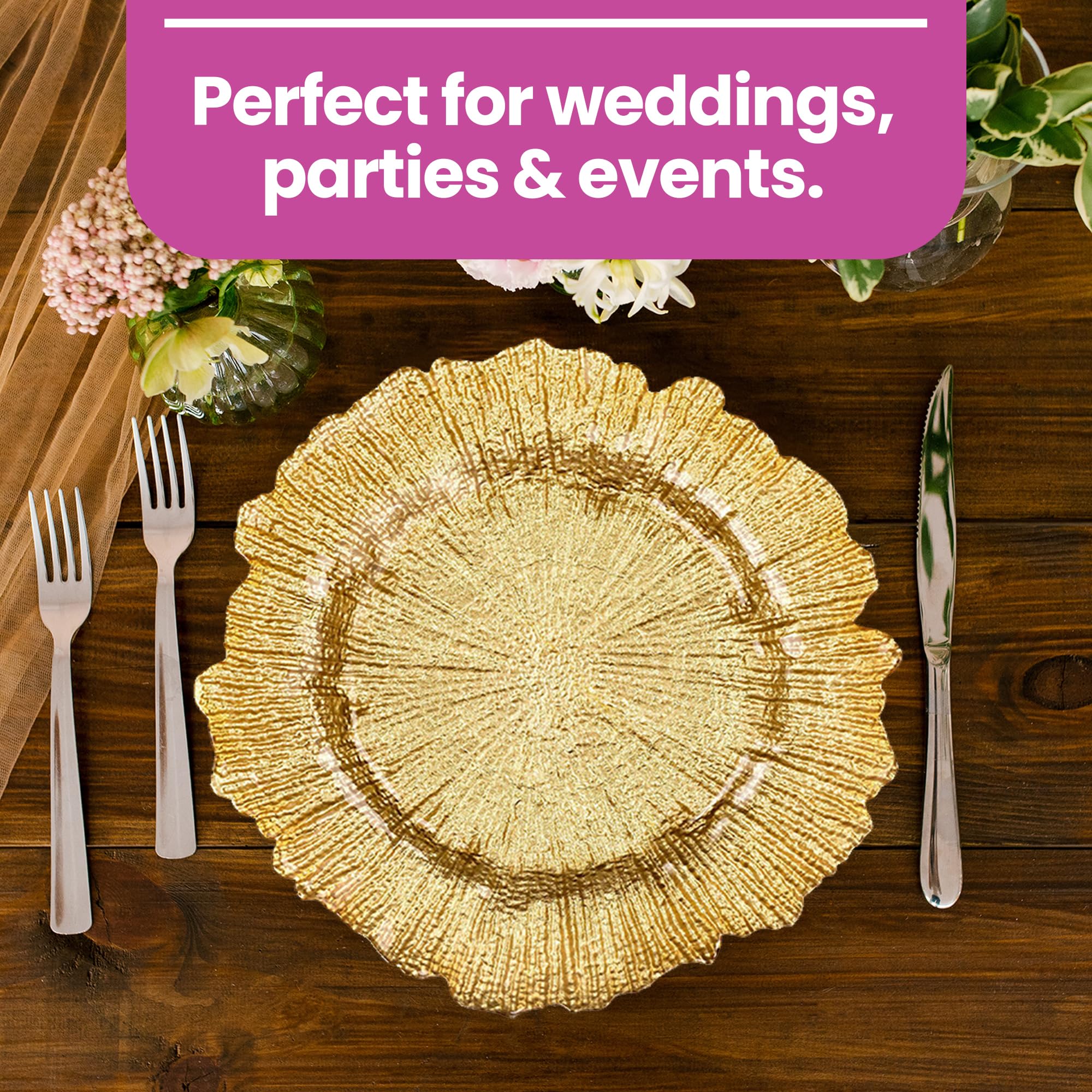 WedDecor Okrągłe talerze z ładowarką, element centralny, szklany zestaw talerzy prezentacyjnych, dekoracje stołu obiadowego, wesela, bankiety, Boże Narodzenie, przyjęcia, zastawa stołowa, 33 cm, złoty