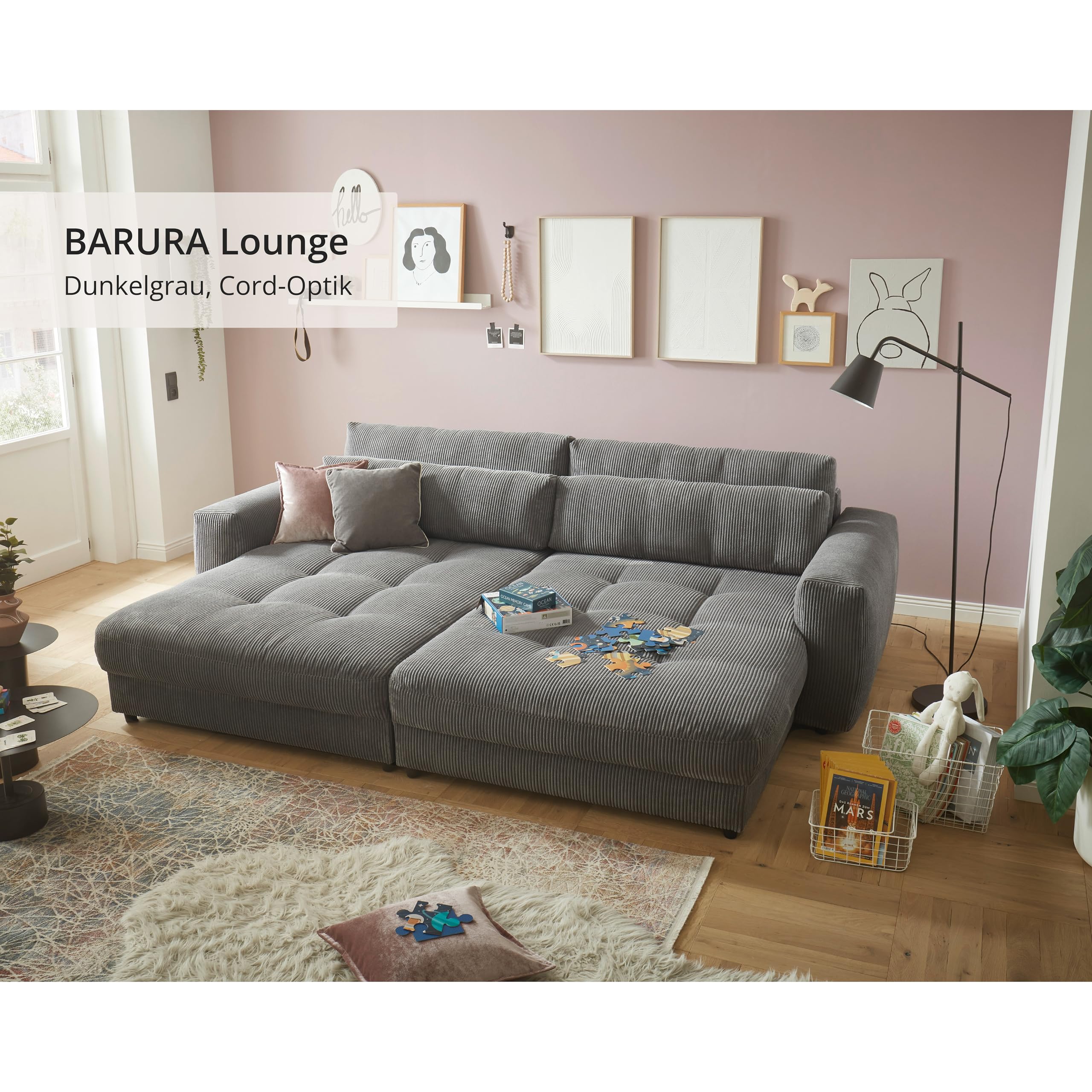 Big Sofa BARURA Cord dunkelgrau – XXL Couch mit großer Liegefläche, modernes Sofa 292x194 cm inklusive Nierenkissen