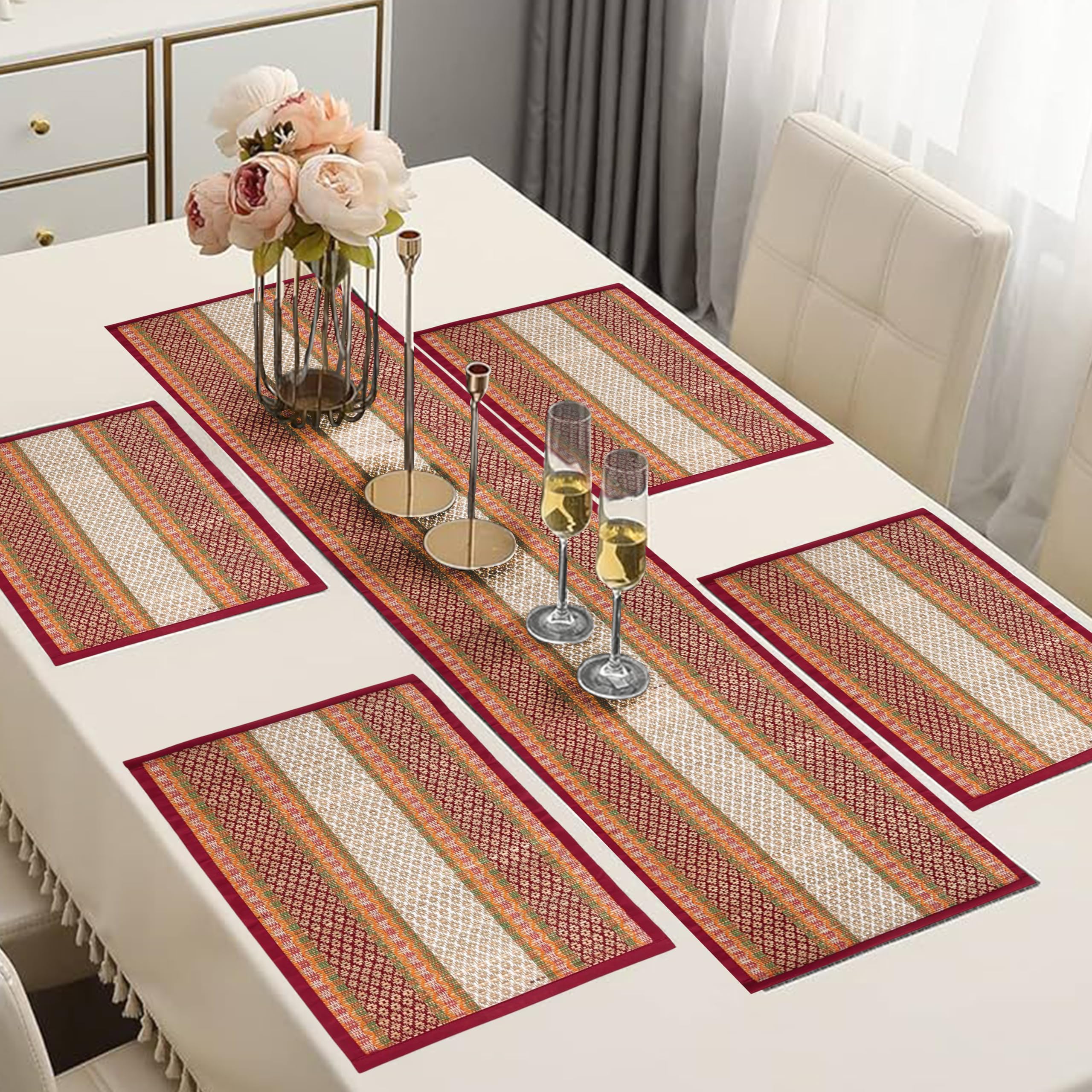 Table Runner for 4 Seater Dining Table with mats Handmade Reversible Heat Resistant | River Grass Placemats Zero Plastic | Natural Madurkathi Eco Friendly | 4 Mats and Runner Sangreal-image-43